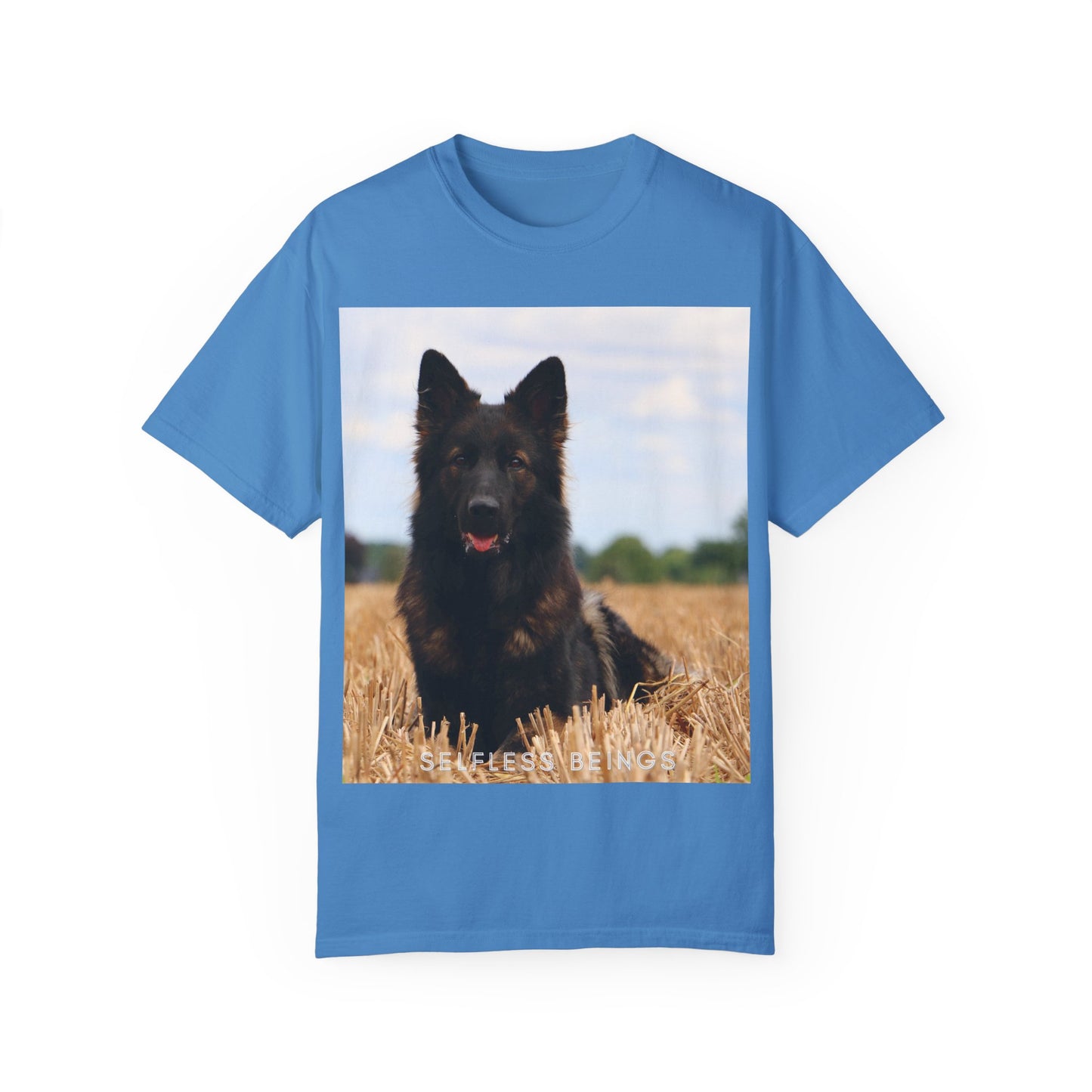 Unisex Dog Lover T-Shirt With Beautiful German Shepherd Sitting Over a Stover and Caption Selfless Beings