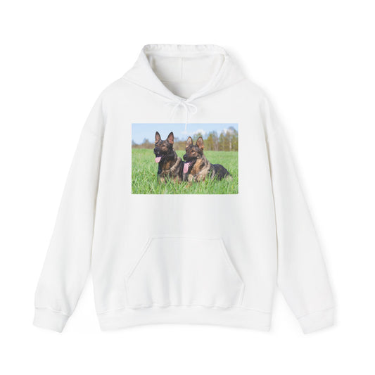 Unisex Hoodie With Two Giant German Shepherds Lying on the Grass With Tongues Out
