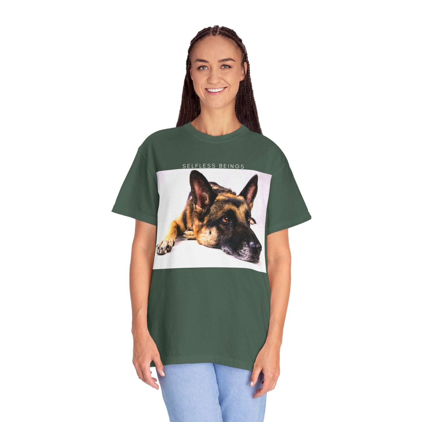 Unisex Dog Lover T-Shirt With Close Up of Bored German Shepherd Laying His Head On the Floor and Caption Selfless Beings