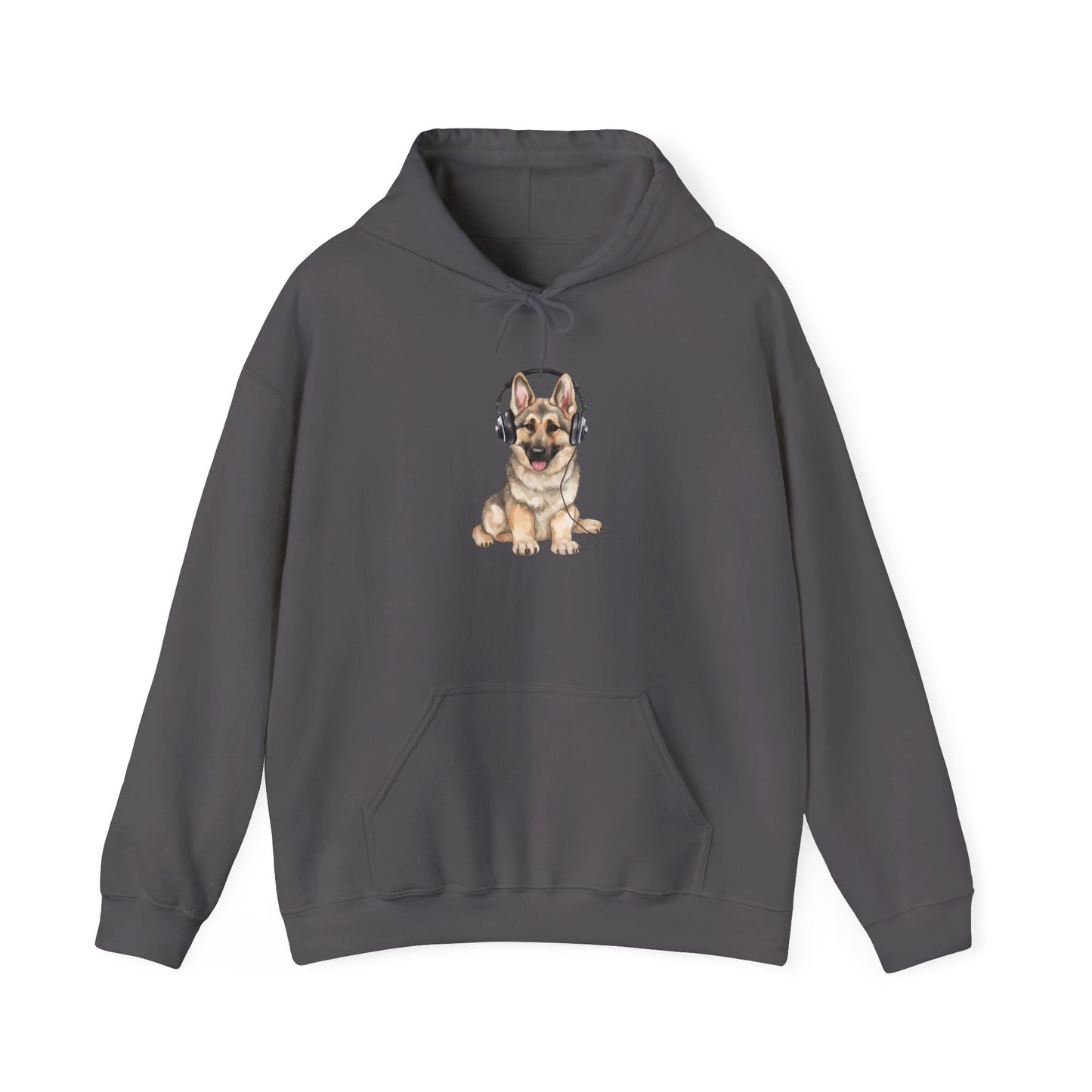 Unisex Dog Lover Hoodie With a German Shepherd Wearing Headphones Enjoying Music