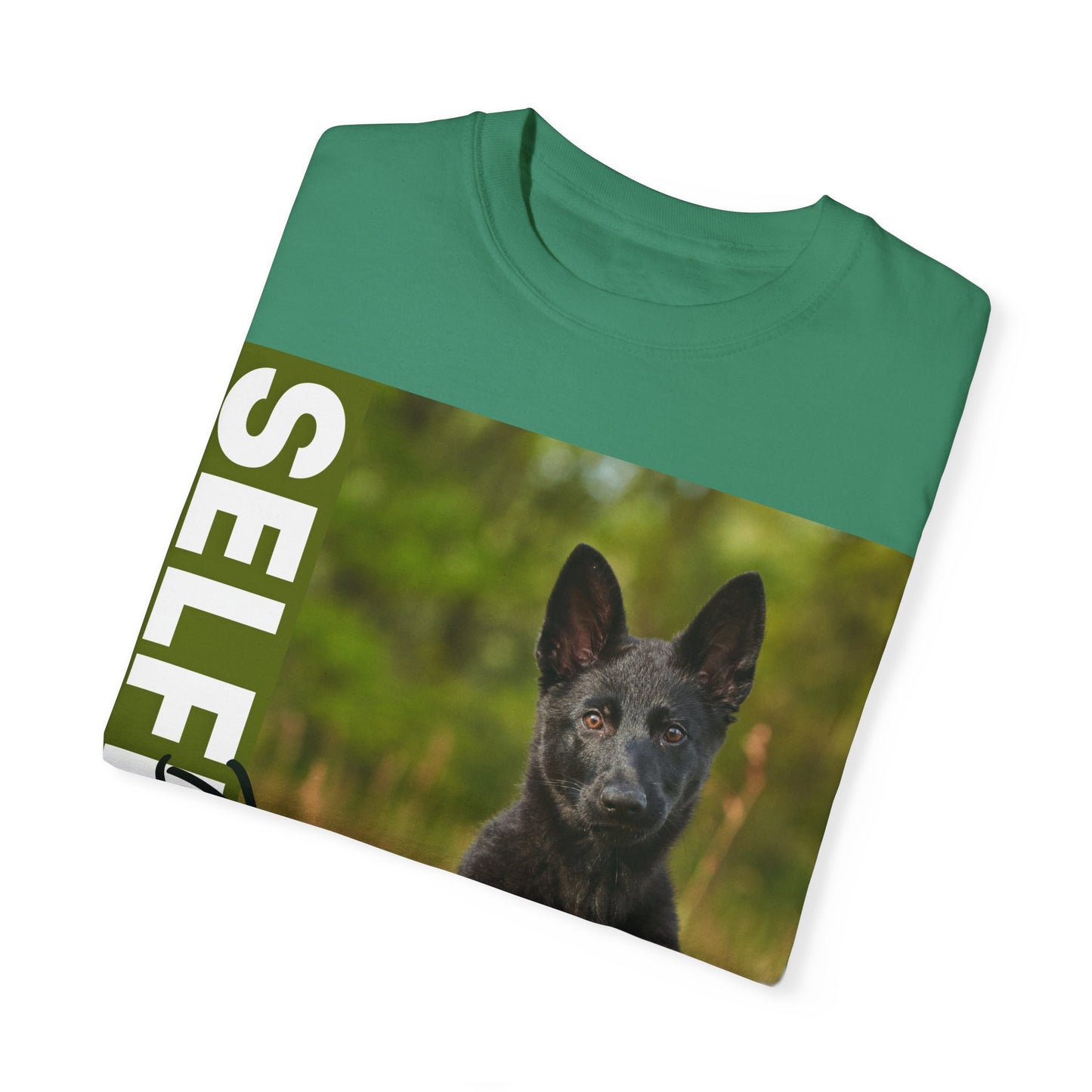 Unisex Dog Lover T-Shirt With Solid Black German Shepherd Puppy Sloppily Sitting on the Green Pasture and Caption Selfless Beings