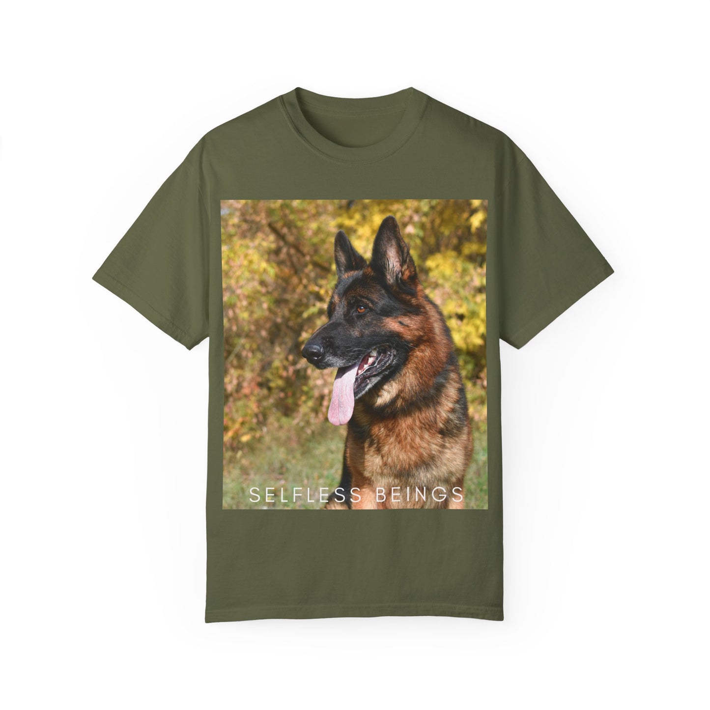 Unisex Dog Lover T-Shirt With a German Shepherd Protecting a Territory and Caption Selfless Beings