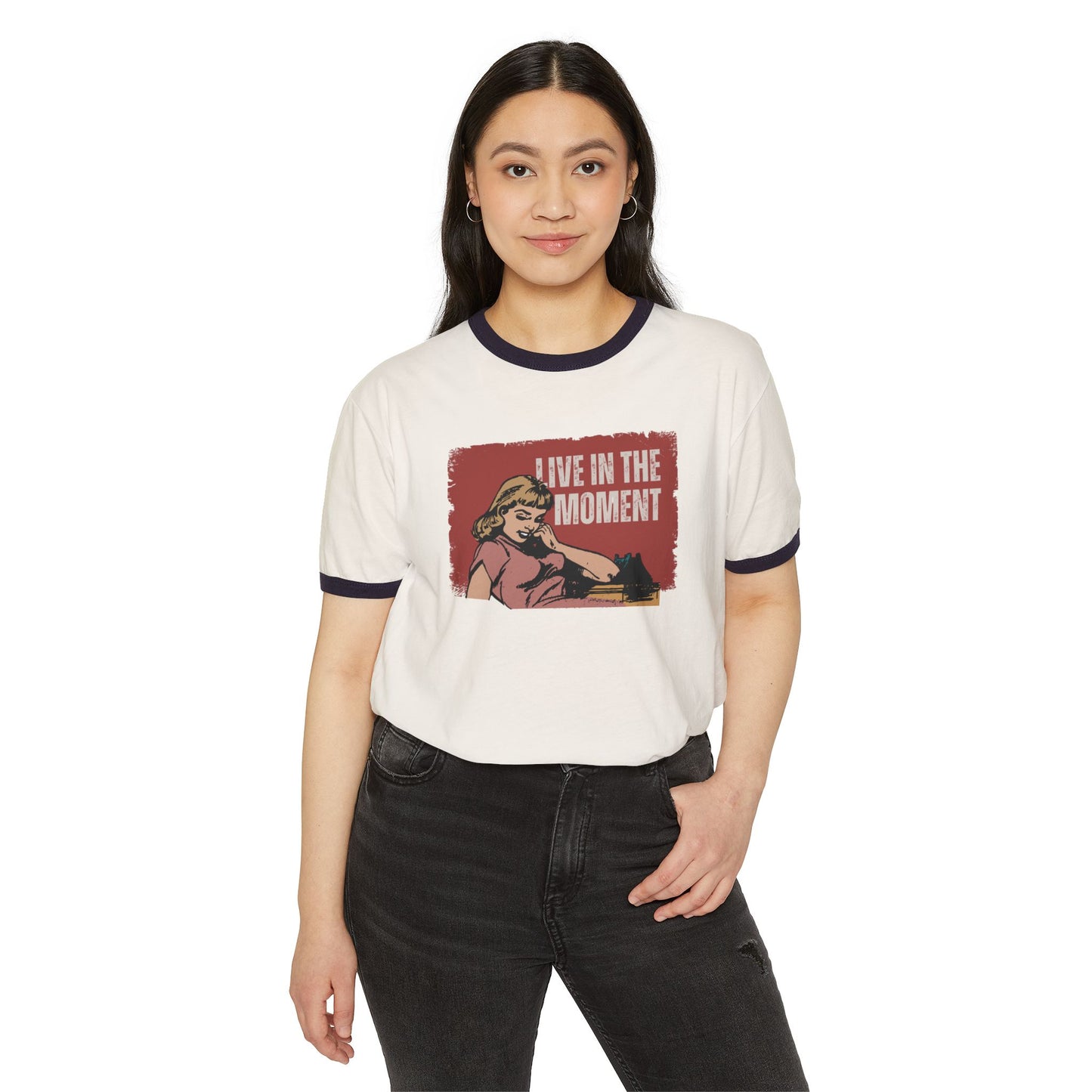 Live in the Moment Unisex Cotton Ringer T-Shirt, Retro Graphic Tee, Casual Wear, Gift for Her, Motivational Trendy Top