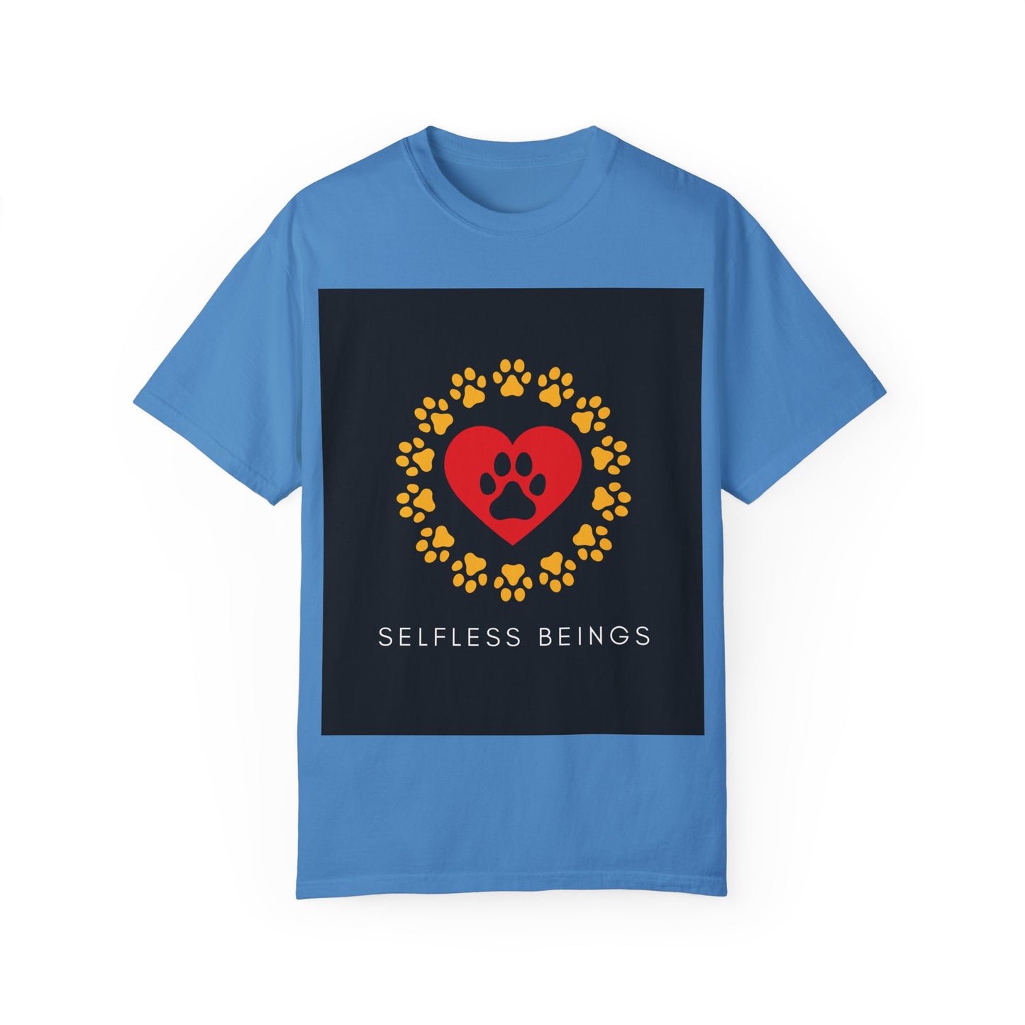 Unisex Dog Lover T-Shirt With Graphic of Yellow Paw Prints In Circle Contain Red Heart Which Contains Black Dog Paw Print Inside and Caption Selfless Beings