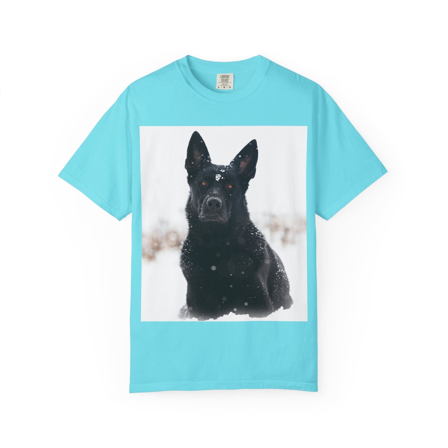 Unisex Dog Lover T-Shirt Featuring a Giant Black Working Line German Shepherd in the Snow