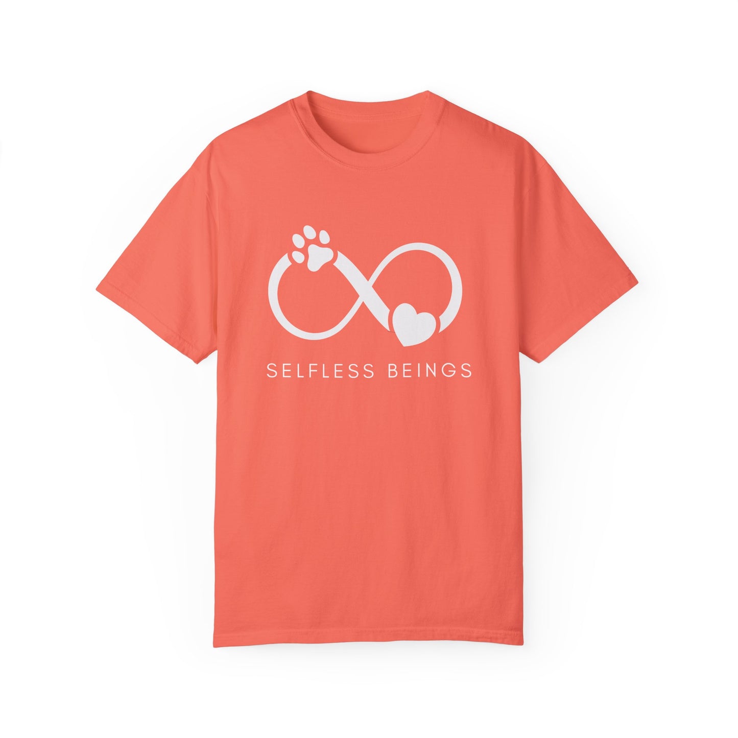 Unisex Dog Lover T-Shirt With Paw Print and Heart on Infinity Symbol and Caption Selfless Beings Below