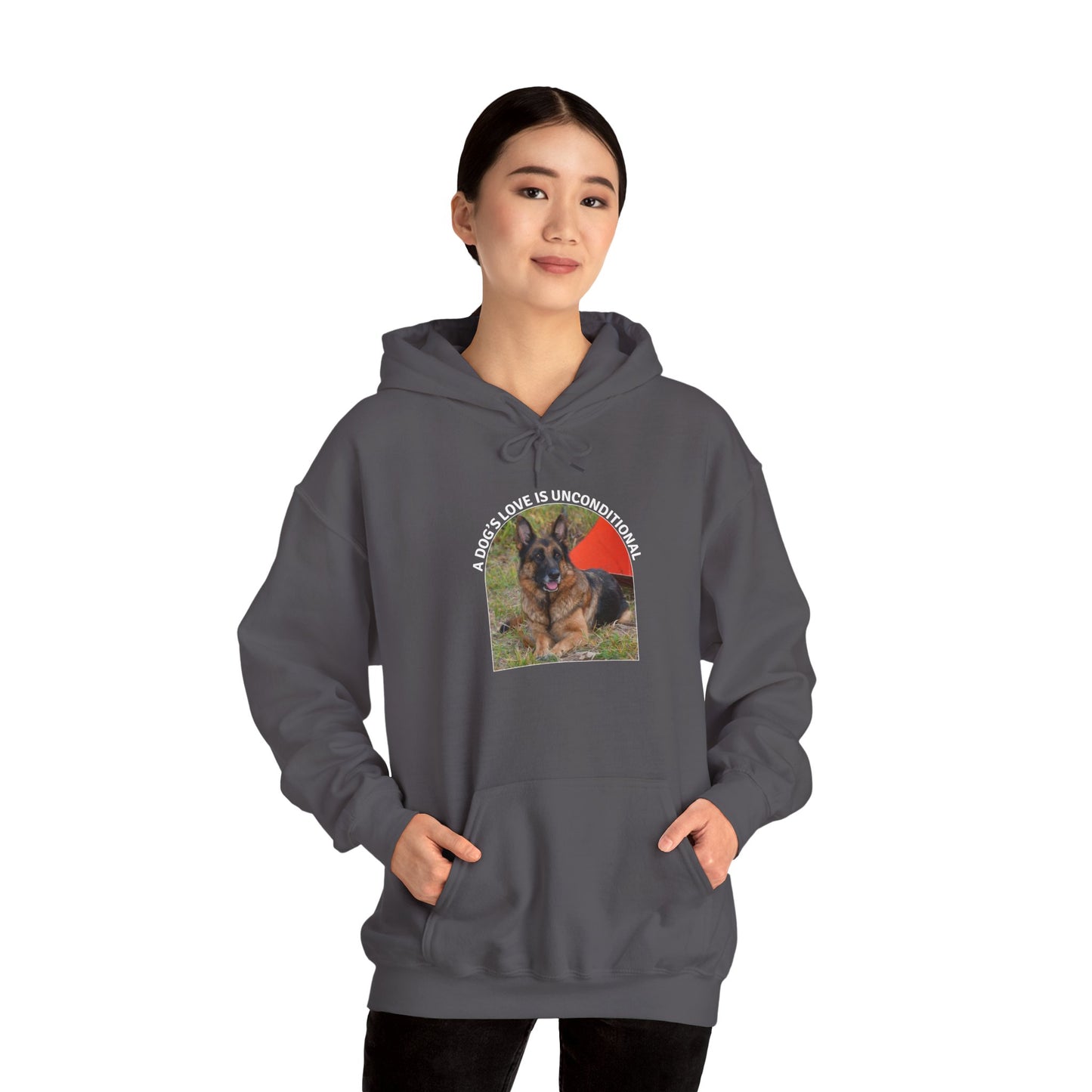 Unisex Dog Lover Hoodie With German Shepherd and Caption Dog's Love is Unconditional