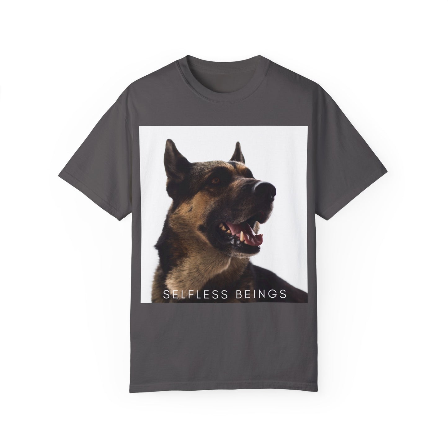 Unisex Dog Lover T-Shirt With Close Up of Large German Shepherd Turning His Face and Caption Selfless Beings