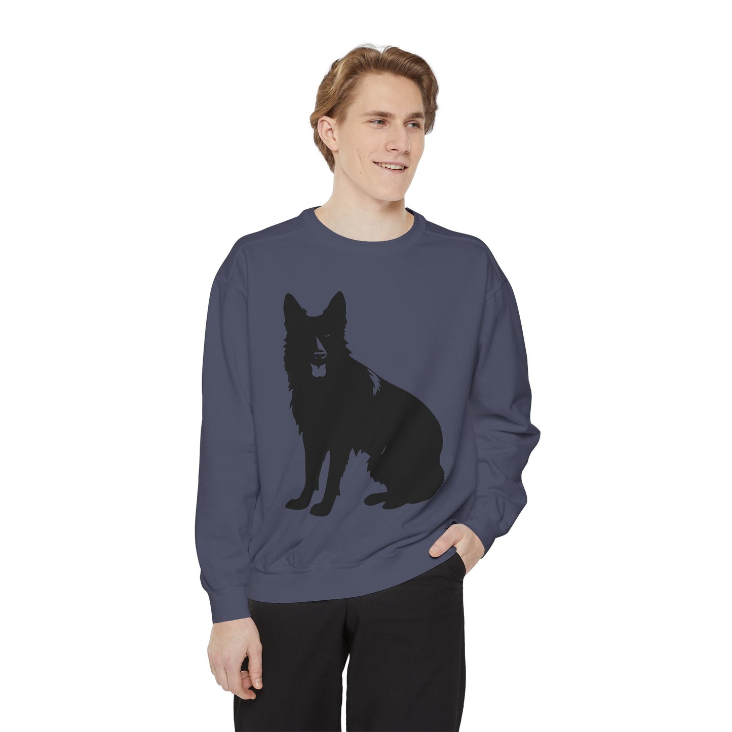 Unisex Dog Lover Sweatshirt With Graphic of Black German Shepherd With Hanging Tongue Sloppily Sitting