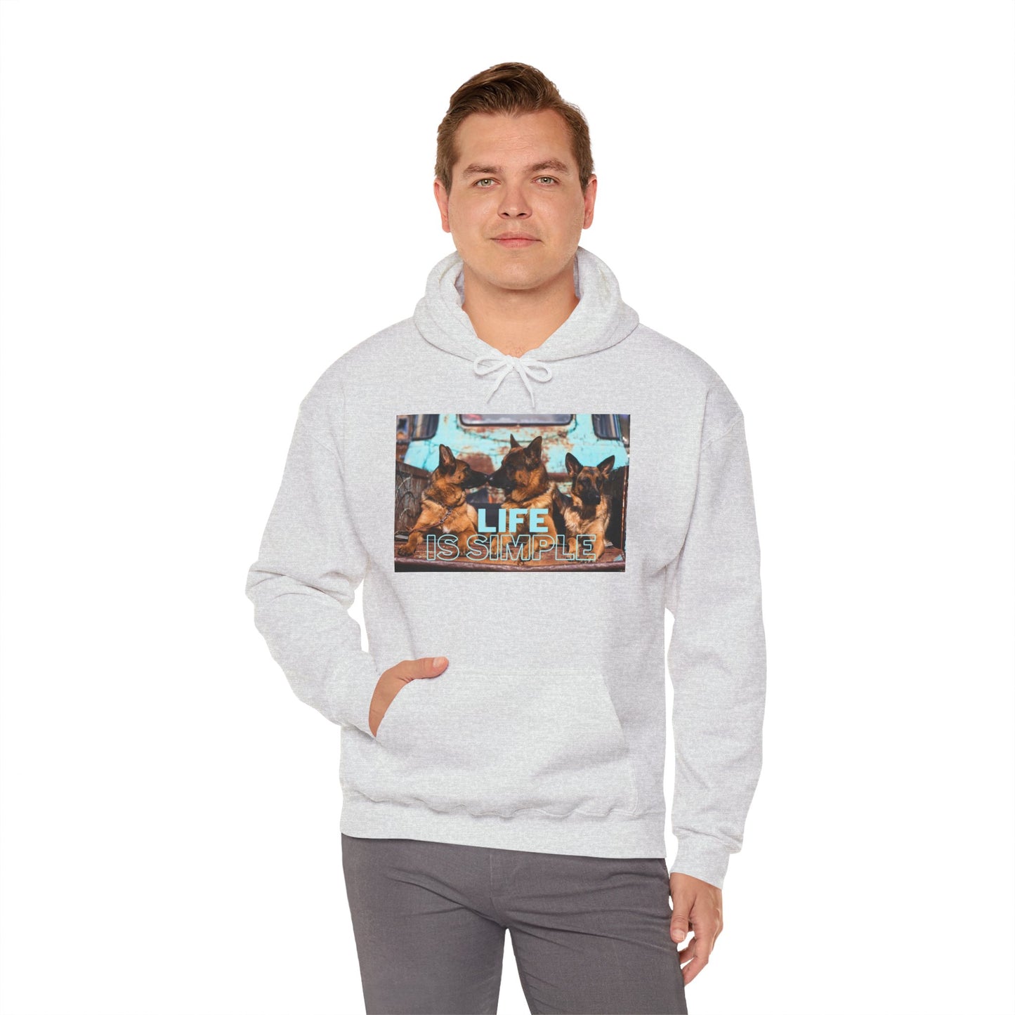 Unisex Dog Lover Hoodie With Three German Shepherds Sitting on the Truck's Cargo Bed and Caption Life is Simple