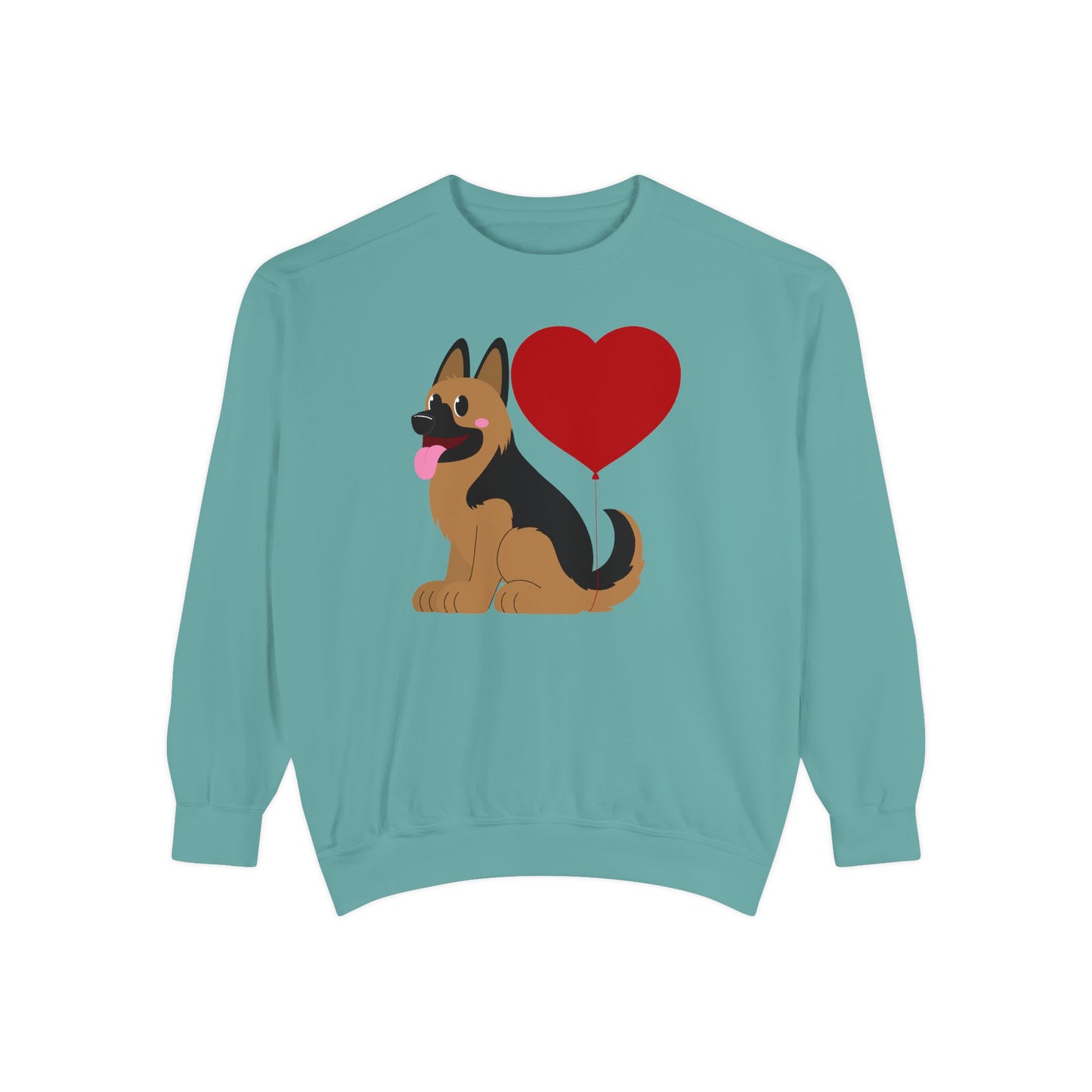 Unisex Dog Lover Sweatshirt With a Graphic of German Shepherd Puppy and Heart Shaped Balloon Attached With Tail