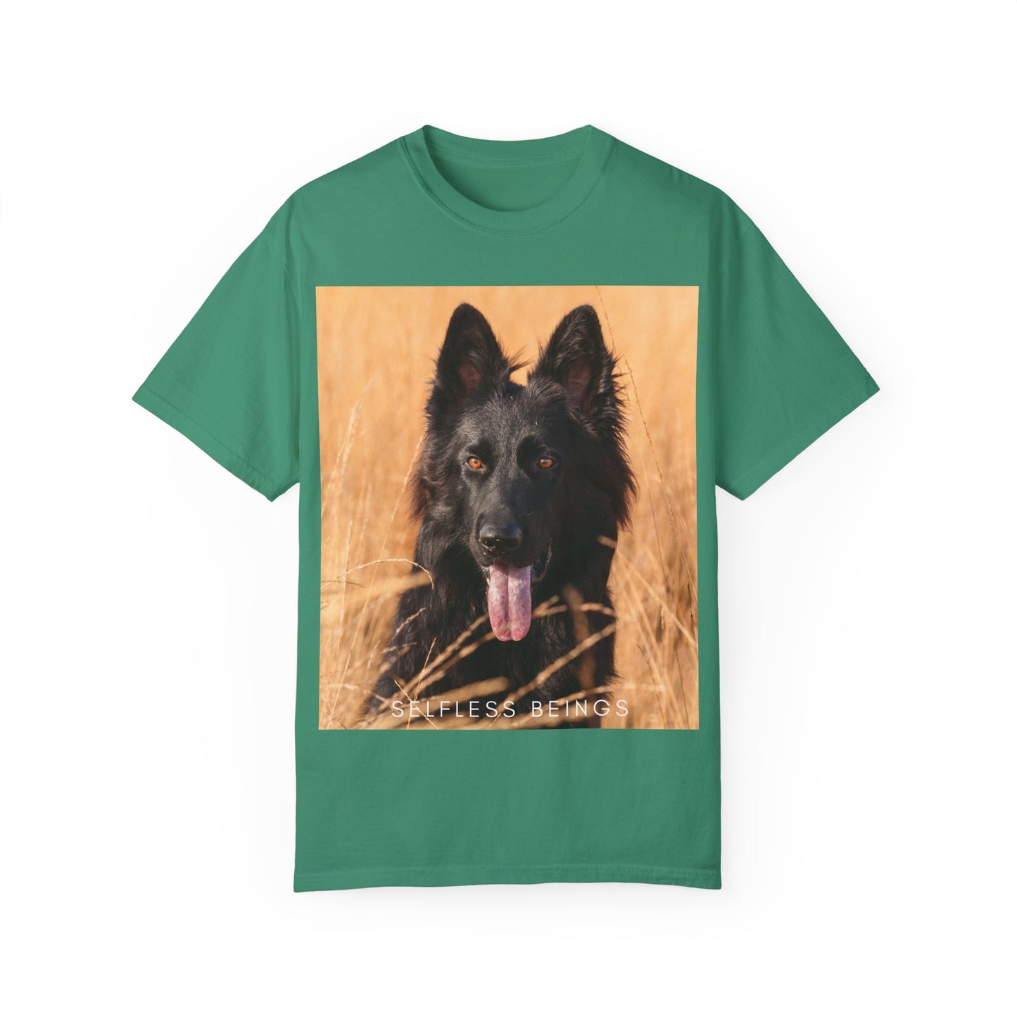 Unisex Dog Lover T-Shirt With Solid Black German Shepherd in the Middle of Long Dry Grass Leaving Tongue and Caption Selfless Beings