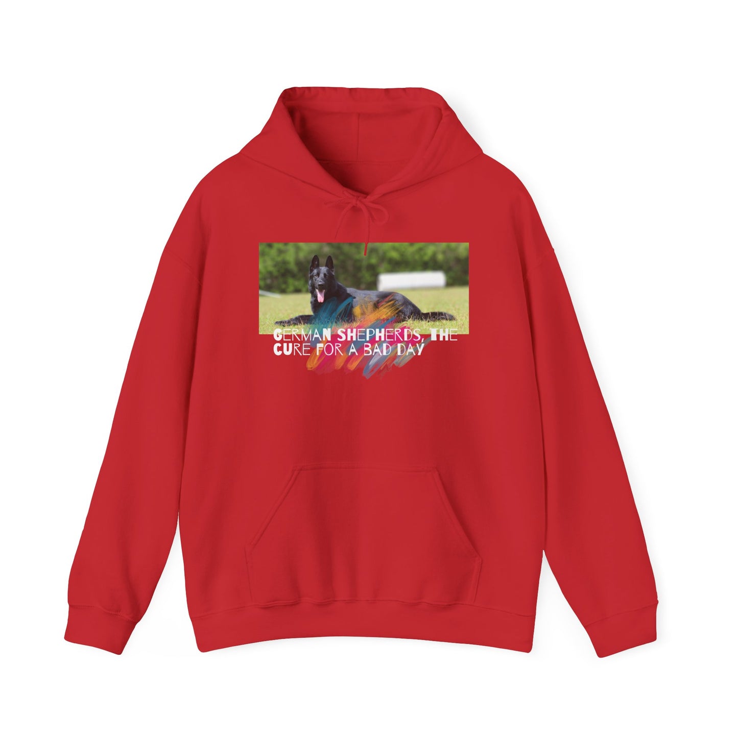 Unisex Dog Lover Hoodie With a Black German Shepherd Leaving Tongue Out and Caption The Cure for Bad Day