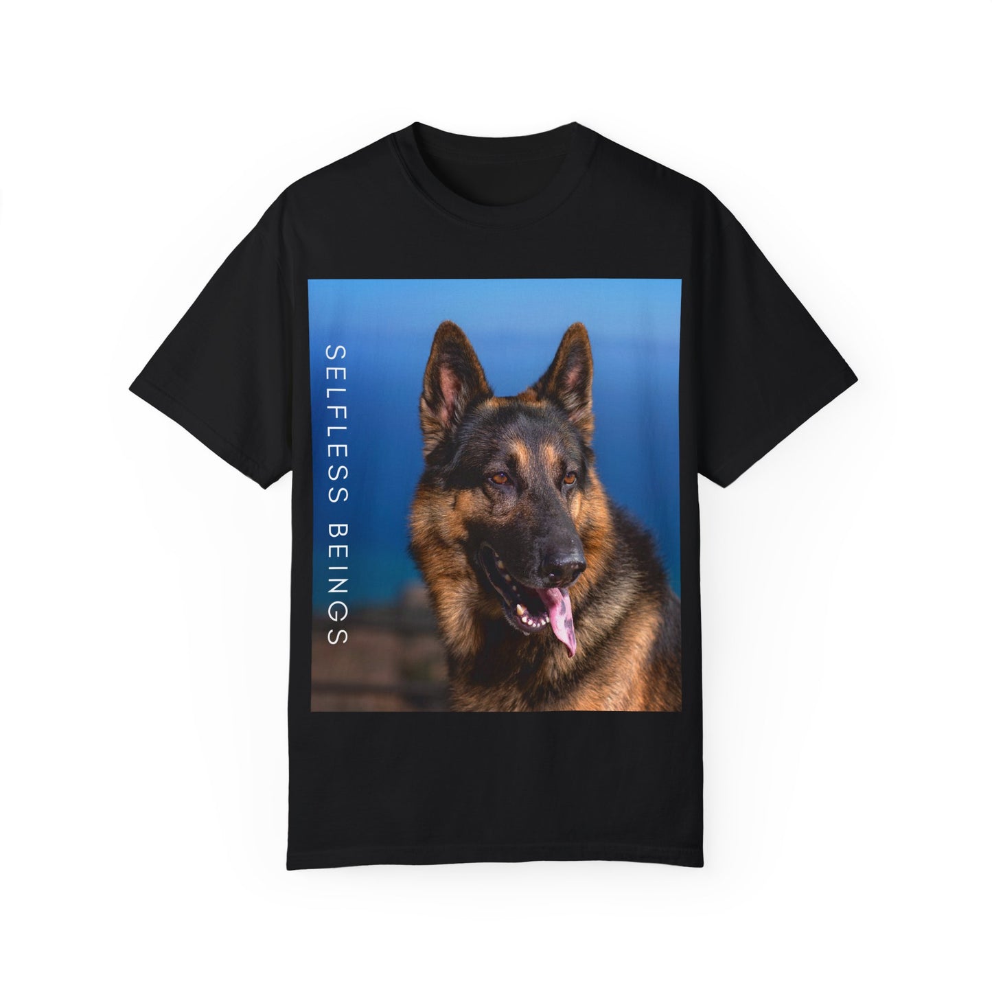 Unisex Dog Lover T-Shirt With Close Up of German Shepherd, Blue Sea in the Background and Caption Selfless Beings