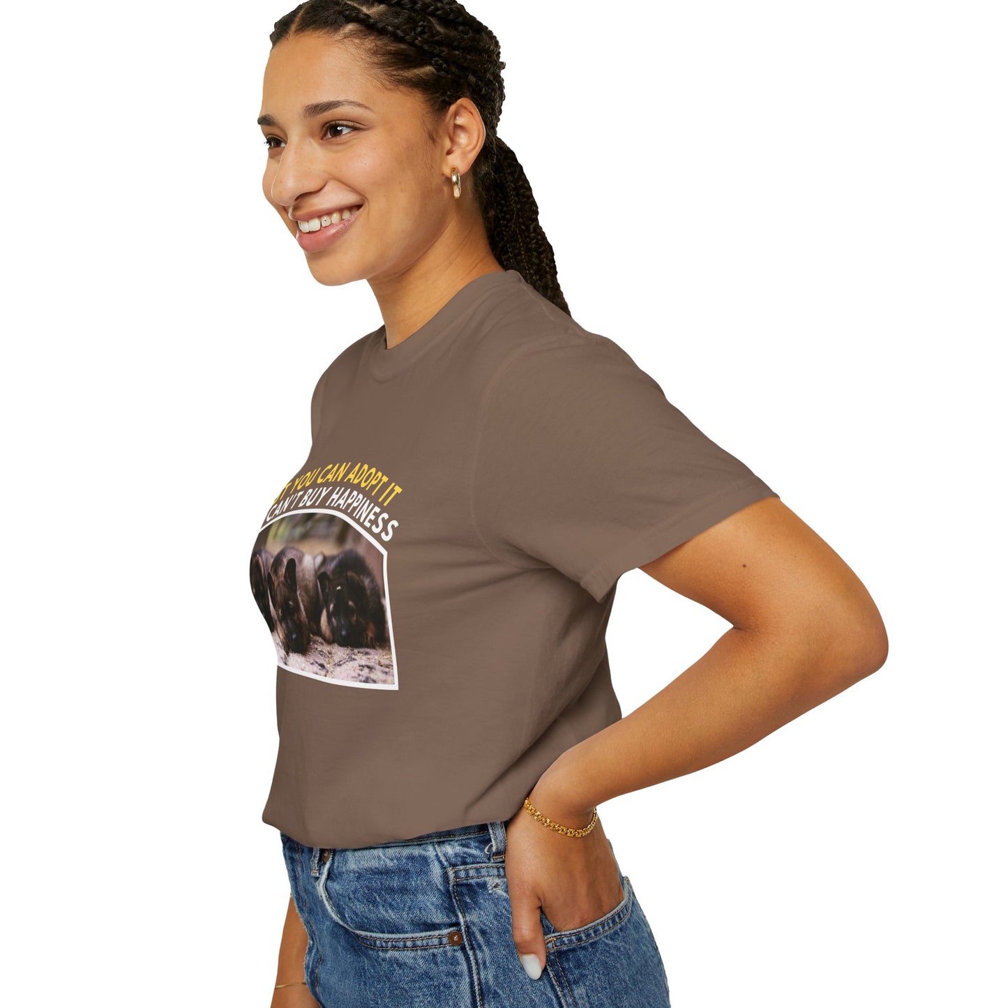 Unisex T-Shirt With Three Cute German Shepherd Puppies Sitting in a Row and Caption You Can't Buy Happiness But You Can Adopt It