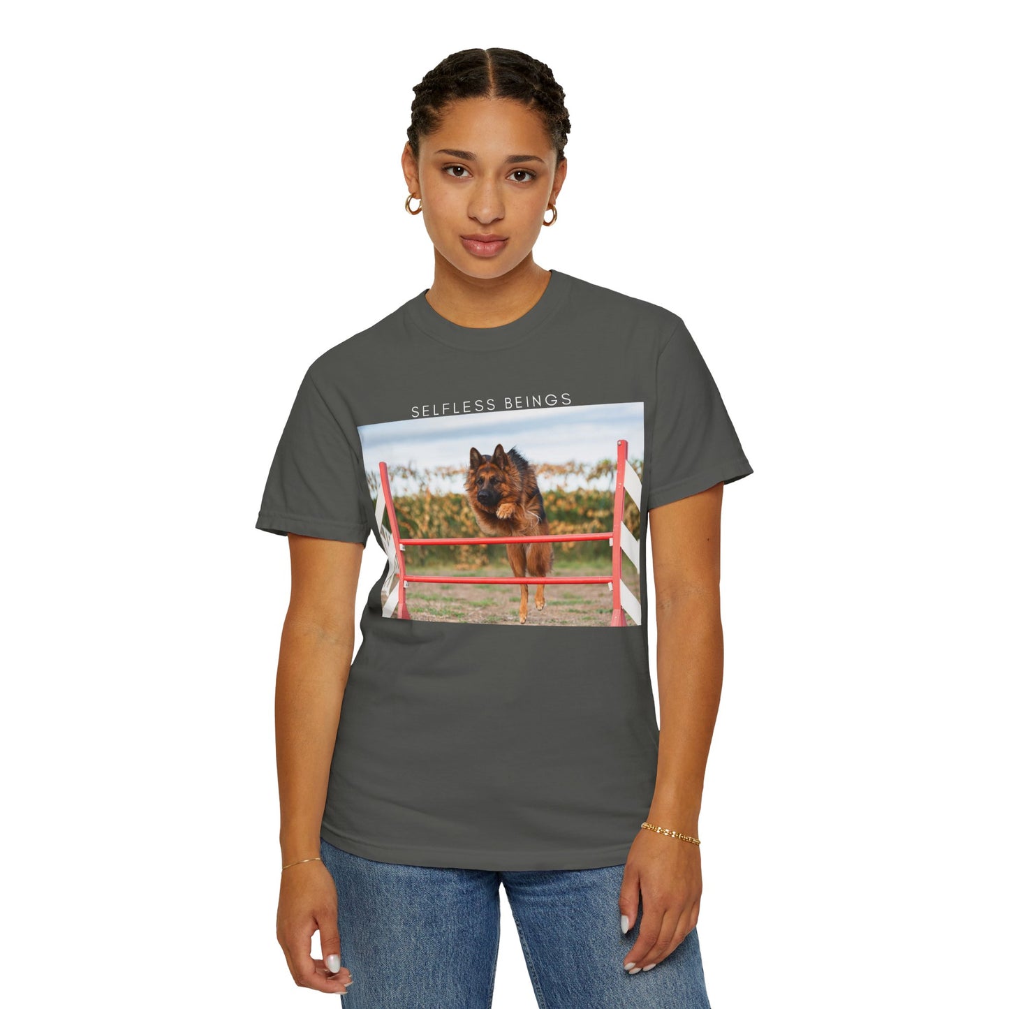 Unisex Dog Lover T-Shirt With a German Shepherd Jumping an Agility Fence Outdoor and Caption Selfless Beings