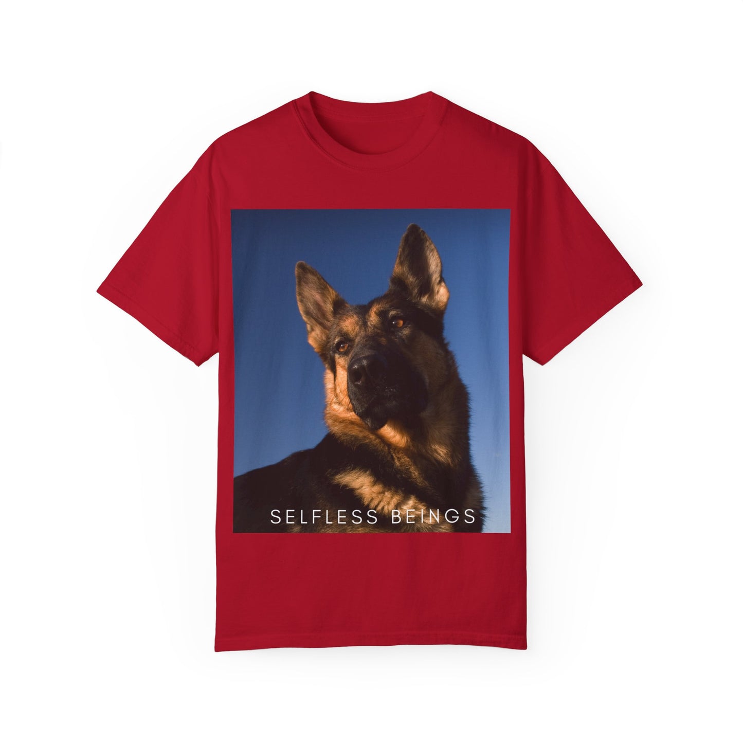 Unisex Dog Lover T-shirt With Close Up Portrait of Giant German Shepherd Turning His Head and Caption Selfless Beings