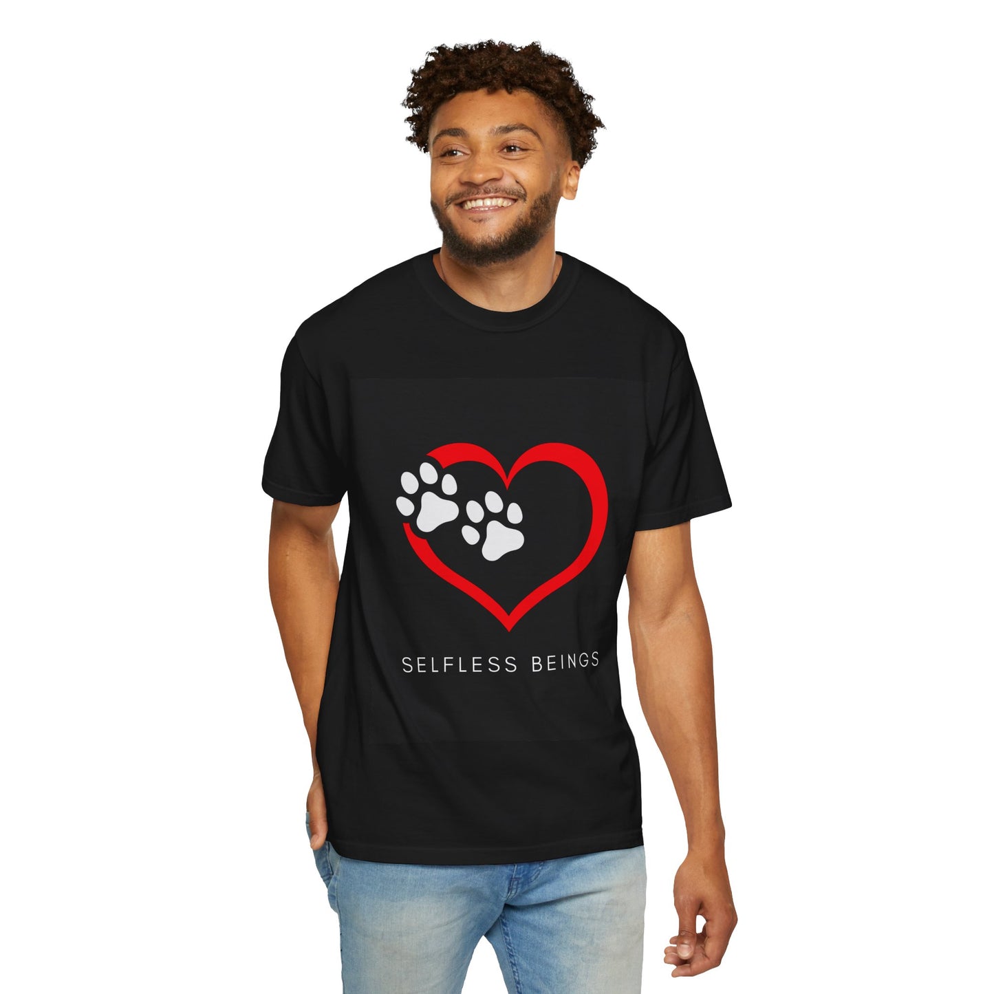 Unisex Dog Lover T-Shirt With Graphic of Red Heart That Contains Two White Dog Paw Prints and Caption Selfless Beings