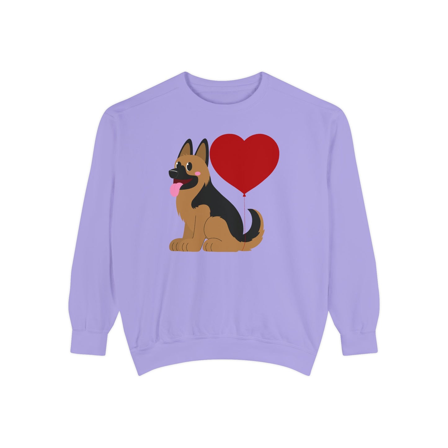 Unisex Dog Lover Sweatshirt With a Graphic of German Shepherd Puppy and Heart Shaped Balloon Attached With Tail