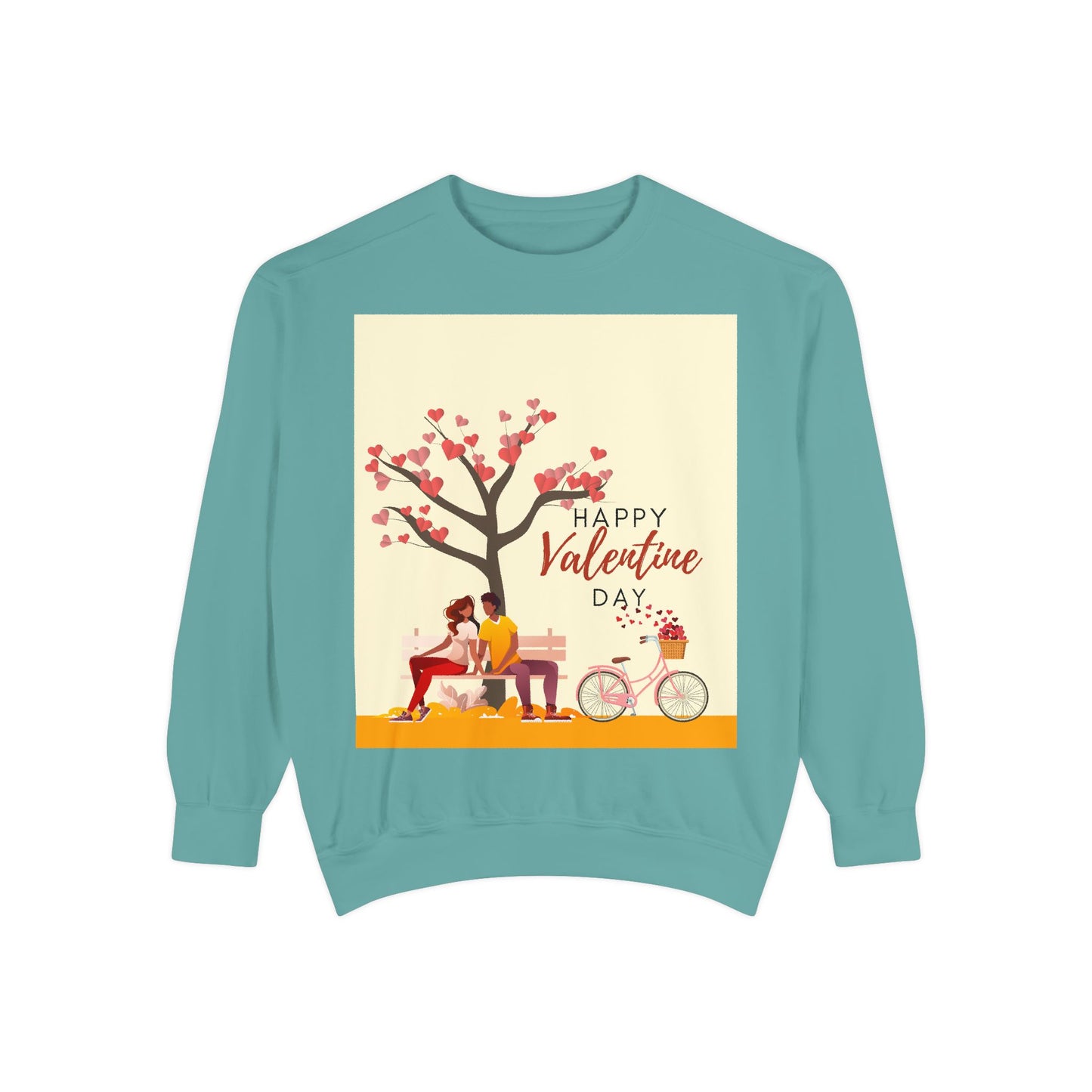 Unisex Valentine's Day Sweatshirt With Art Showing Couple Sitting on a Bench Under the Tree and Caption Happy Valentine's Day