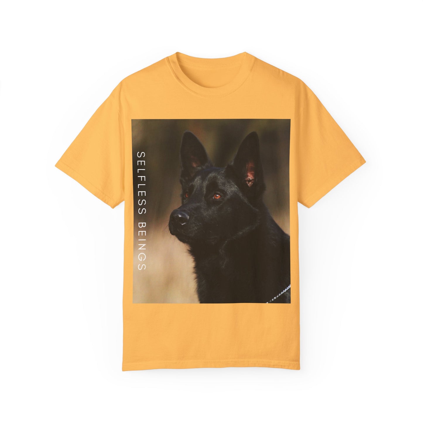 Unisex Dog Lover T-Shirt With Close Up of Serious Looking Solid Black German Shepherd and Caption Selfless Beings