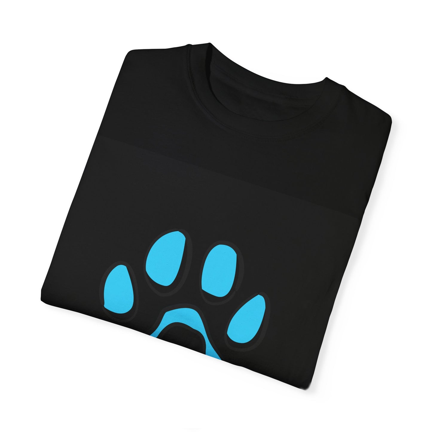 Unisex Dog Lover T-Shirt With Graphic of Blue Colored Dog Paw's Print Whose Metacarpal Contains a Design of Black Dog and Caption Selfless Beings Below