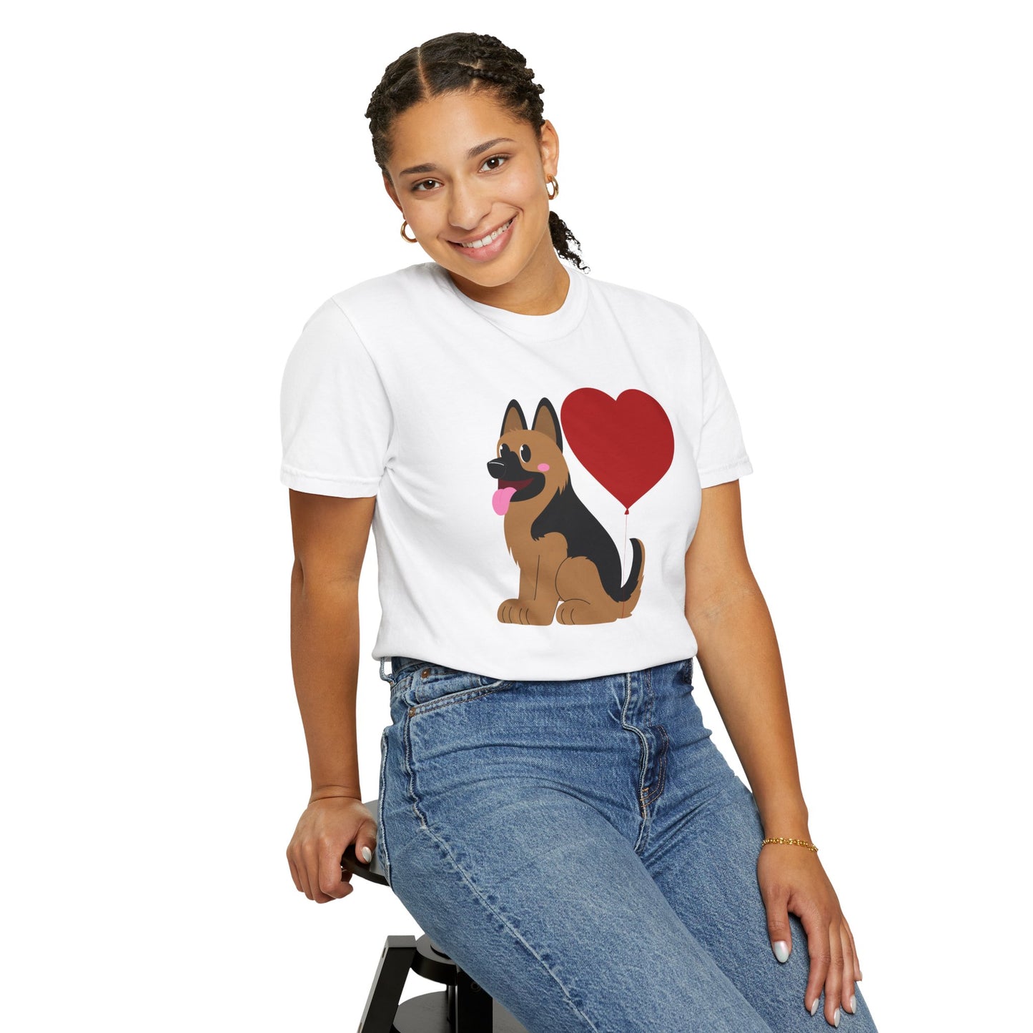 Unisex Dog Lover T-Shirt With a Graphic of German Shepherd Puppy and Heart Shaped Balloon Attached With Tail