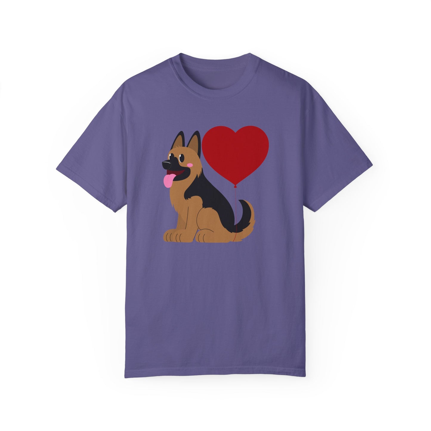 Unisex Dog Lover T-Shirt With a Graphic of German Shepherd Puppy and Heart Shaped Balloon Attached With Tail