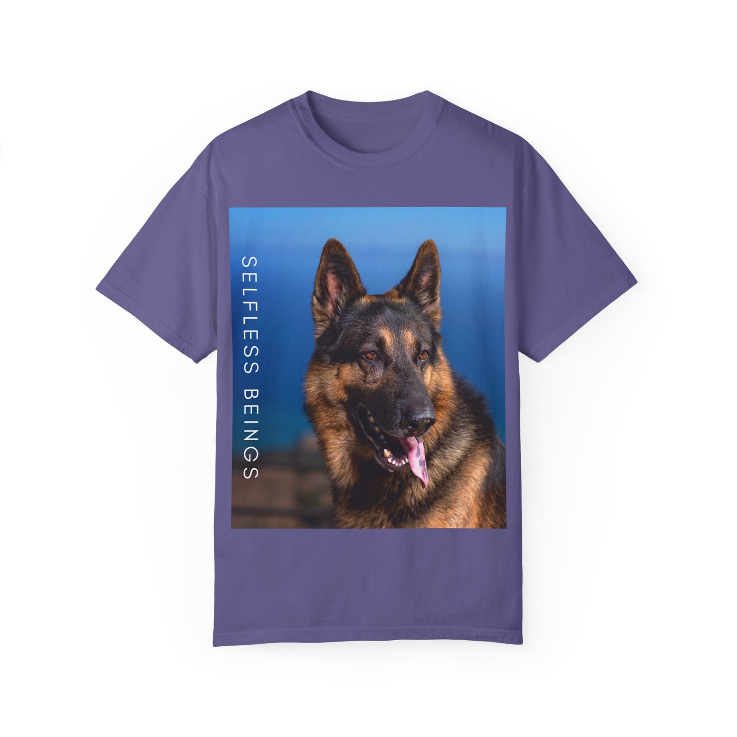 Unisex Dog Lover T-Shirt With Close Up of German Shepherd, Blue Sea in the Background and Caption Selfless Beings