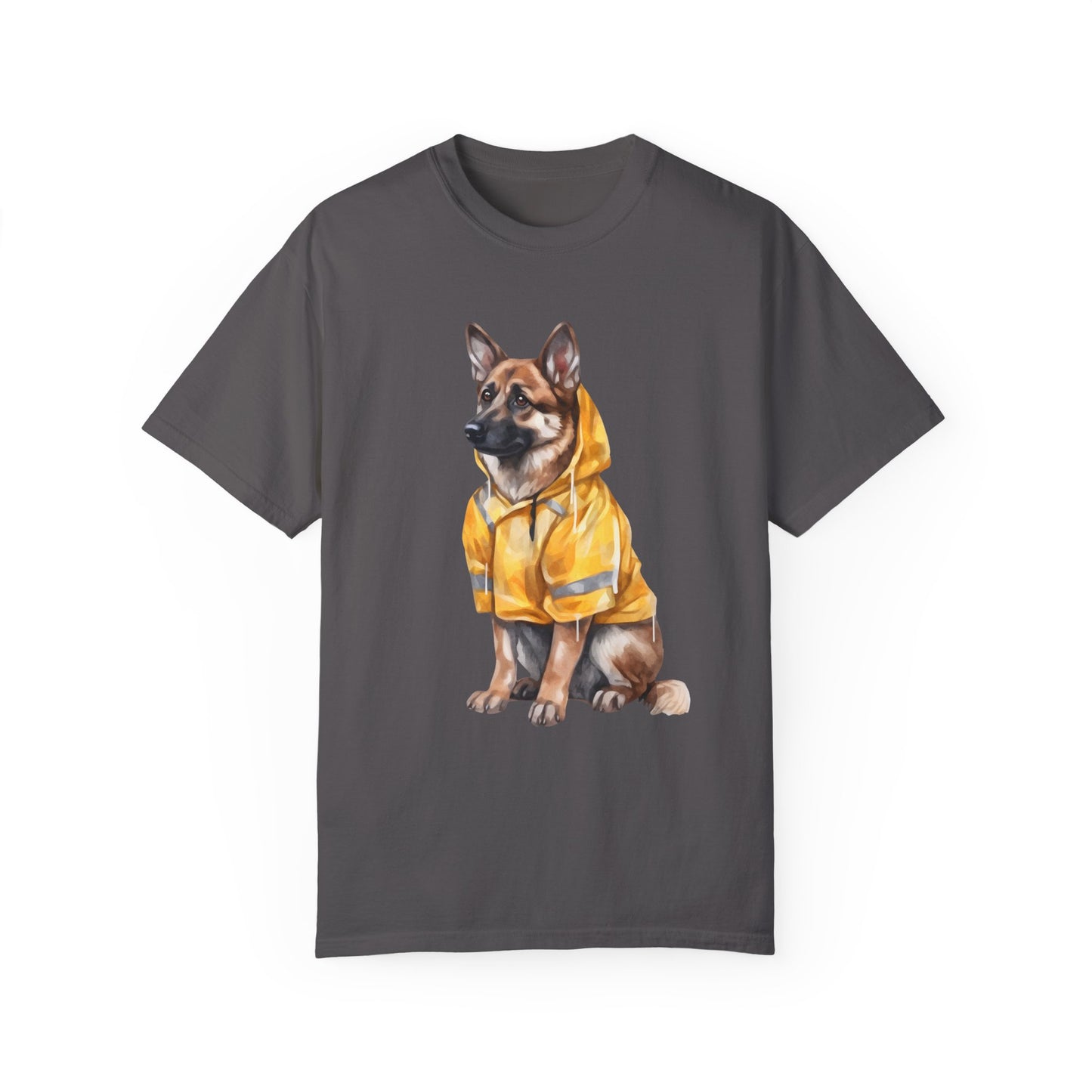 Unisex Dog Lover T-Shirt With a Graphic of German Shepherd Wearing a Yellow Rain Coat