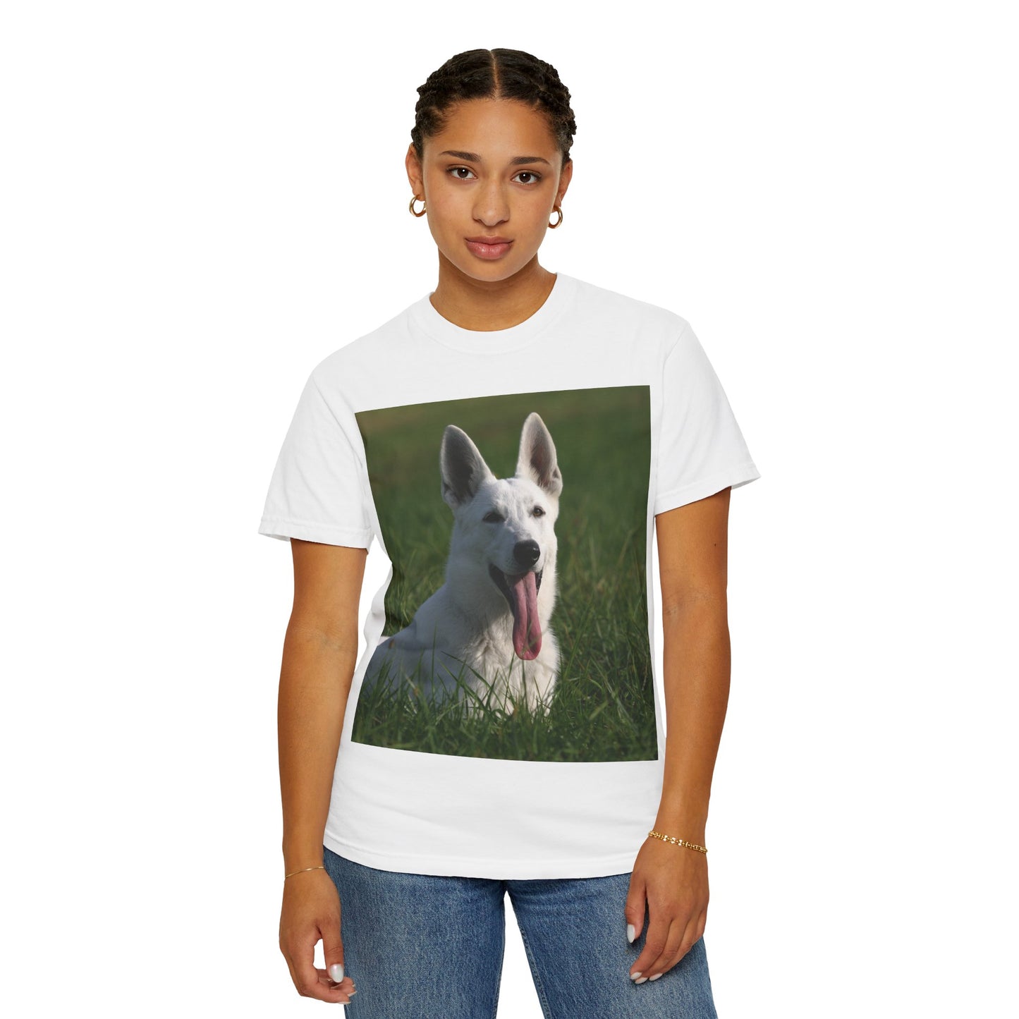 Unisex Dog Lover T-Shirt Featuring White German Shepherd Resting On Green Grass Leaving Tongue Out