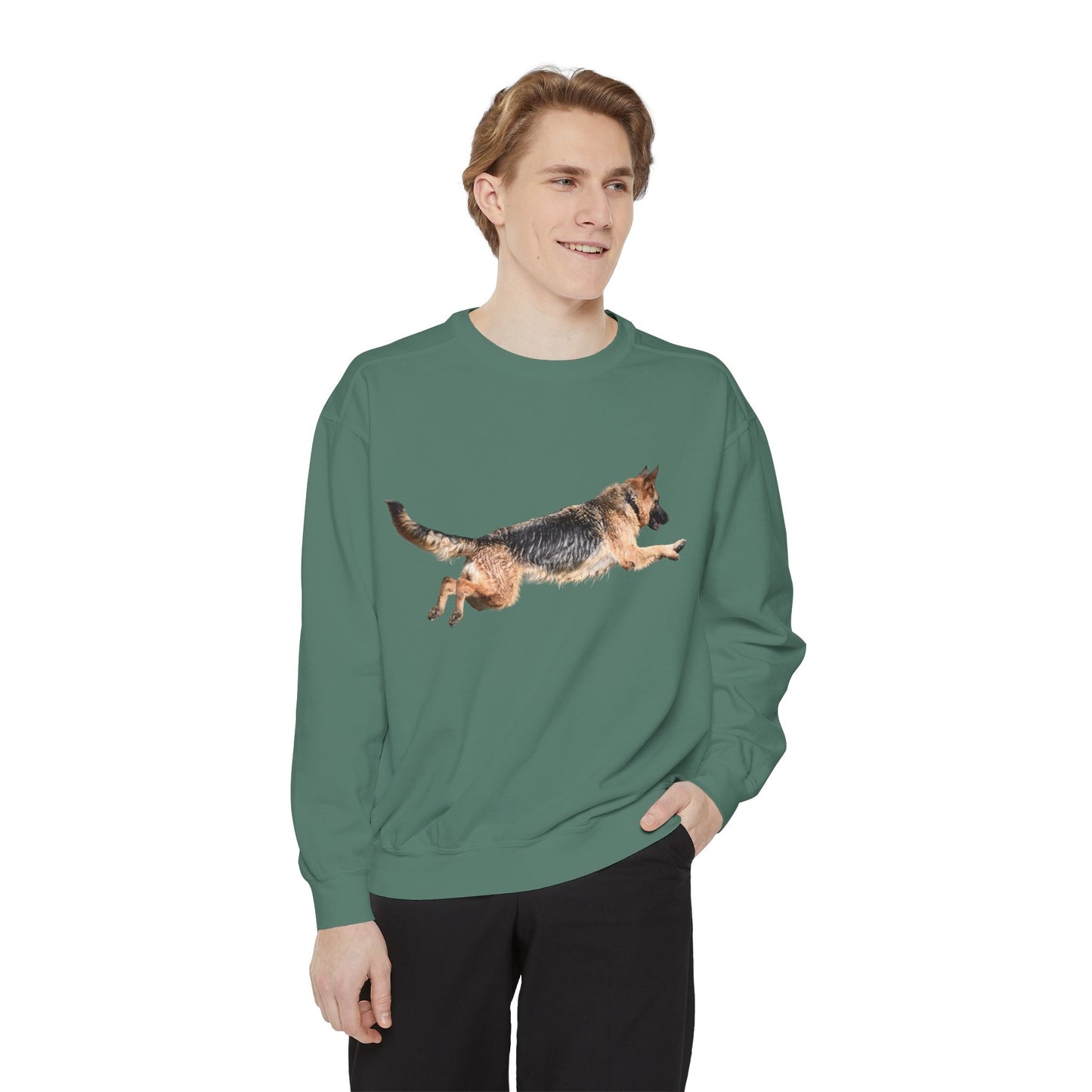 Unisex Dog Lover Sweatshirt With a Wet German Shepherd Jumping in the Air