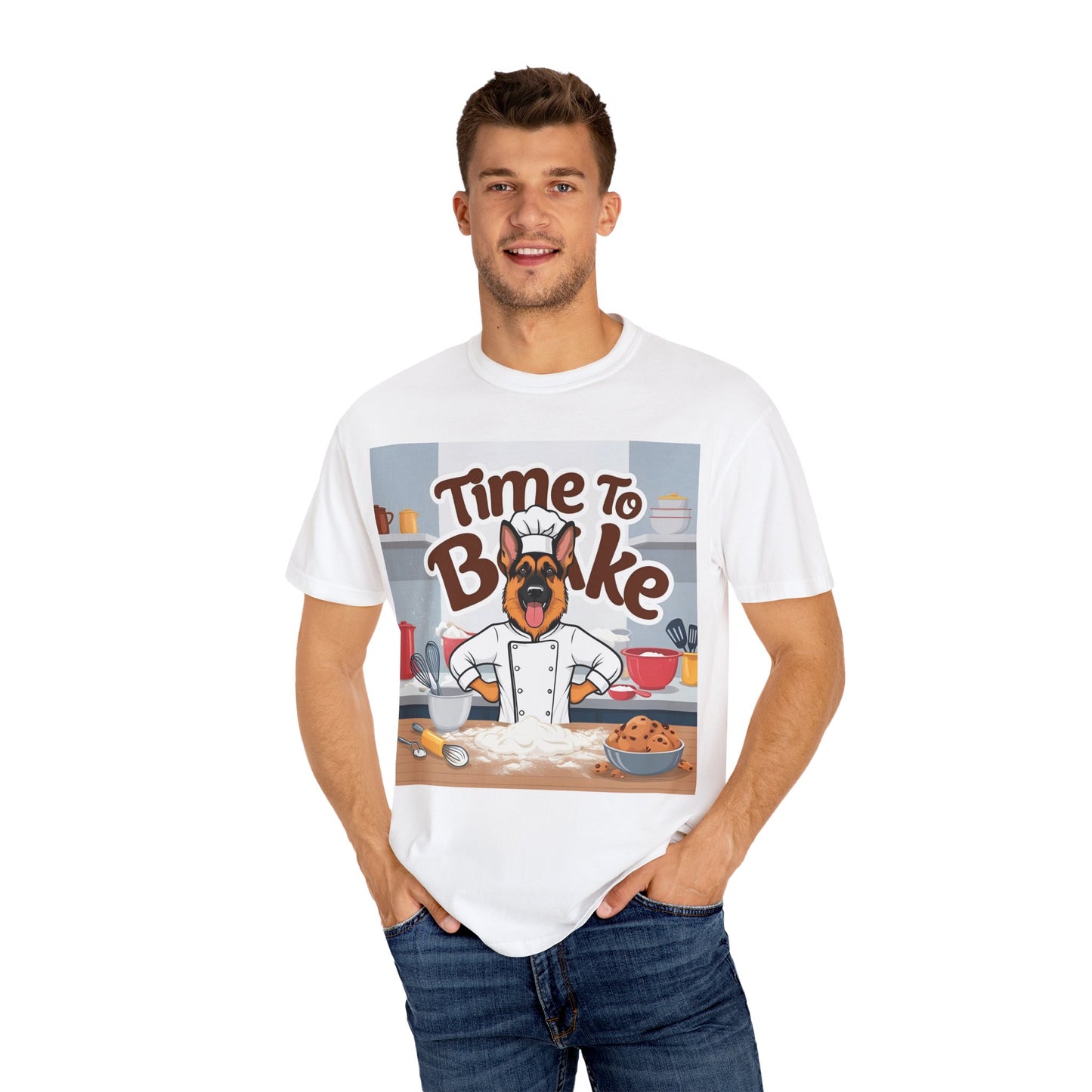 Unisex Dog Lover T-Shirt With Graphic of German Shepherd Wearing Chef Suit and Caption Time To Bake