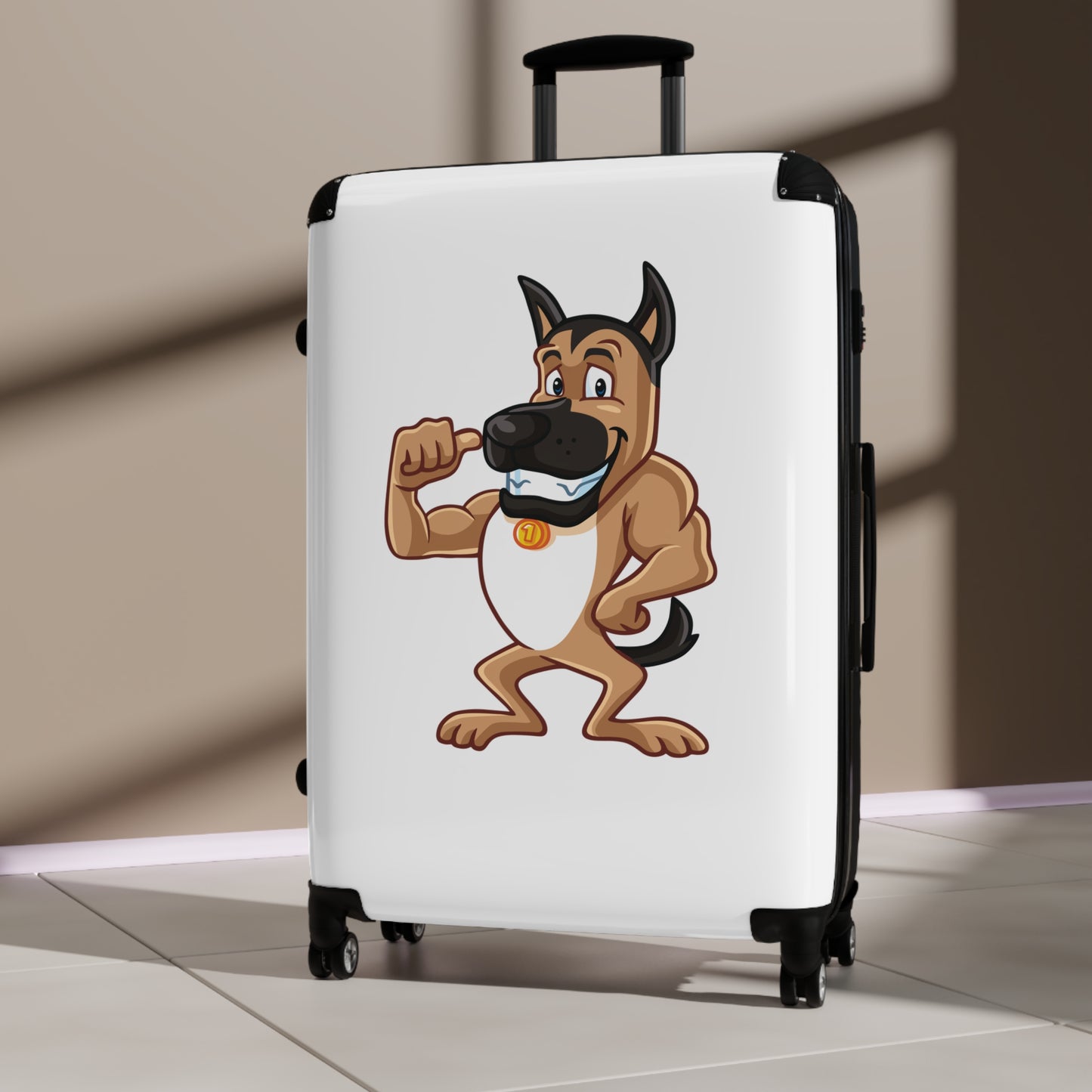 Dog Lover Suitcase Featuring a Funny Cartoon of Muscular German Shepherd Standing on Two Legs
