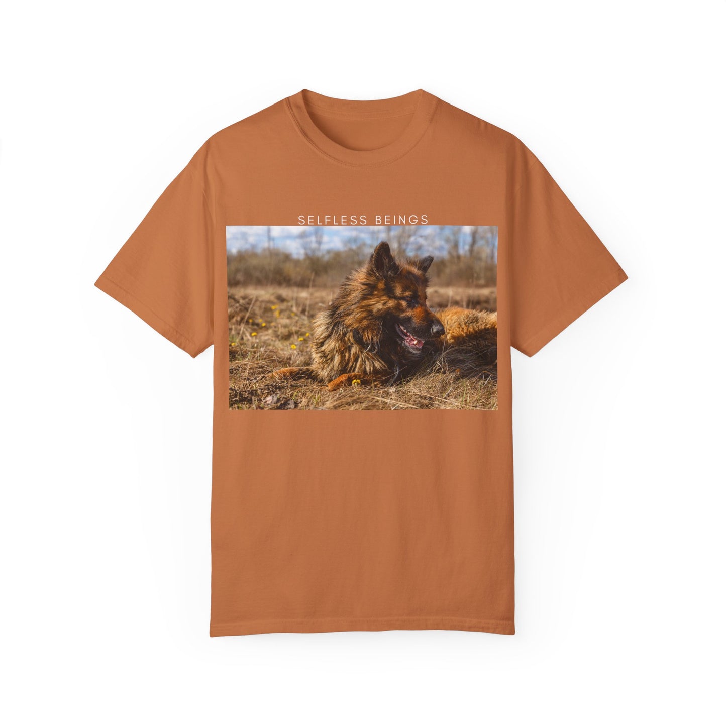 Unisex Dog Lover T-Shirt With a German Shepherd Lying on the Dry Grass in Spring and Caption Selfless Beings