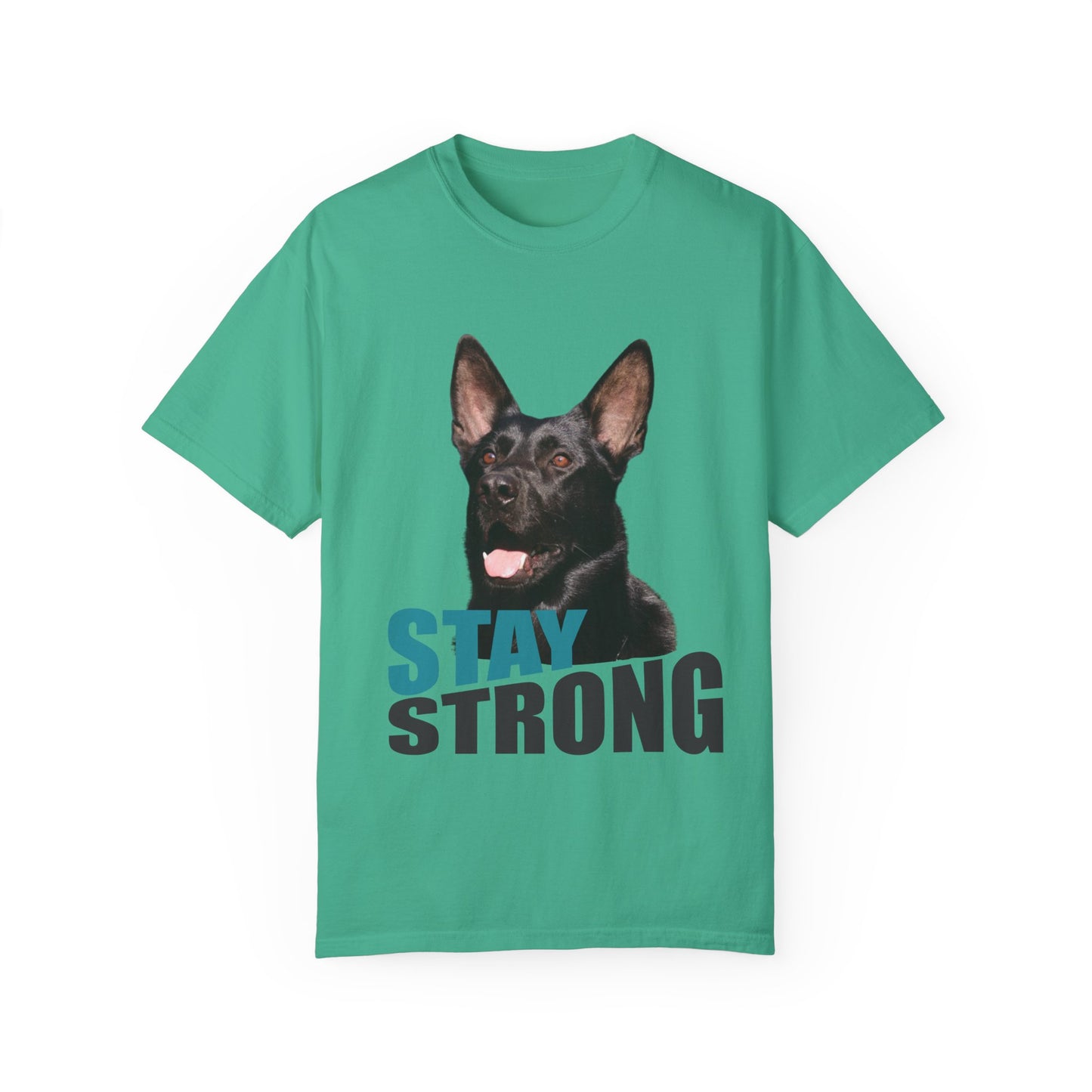 Unisex Dog Lover T-Shirt With Solid Black Working Line German Shepherd Mouth Opened and Caption Stay Strong