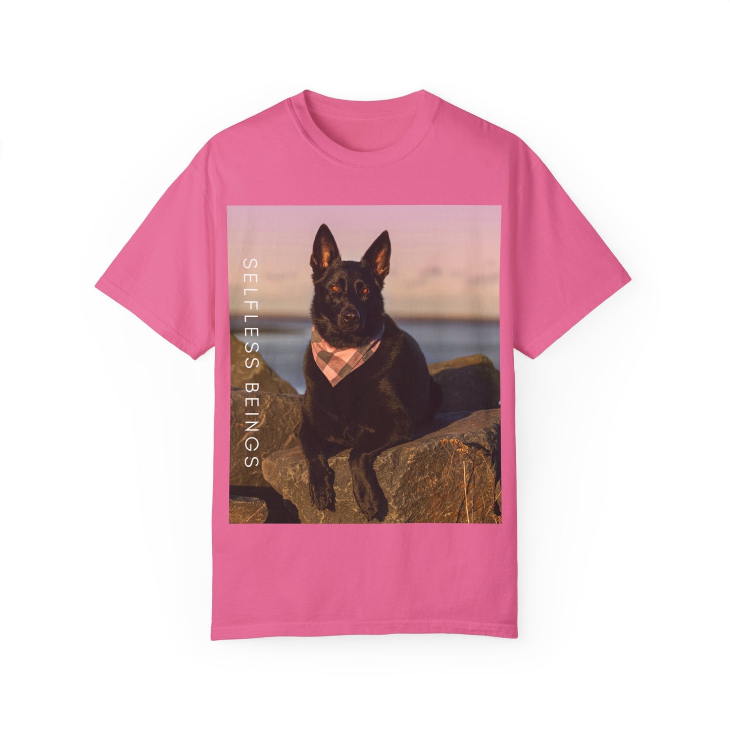 Unisex Dog Lover T-shirt With Solid Black German Shepherd Wearing a Romal Sitting on the Seaside Rocks and Caption Selfless Beings