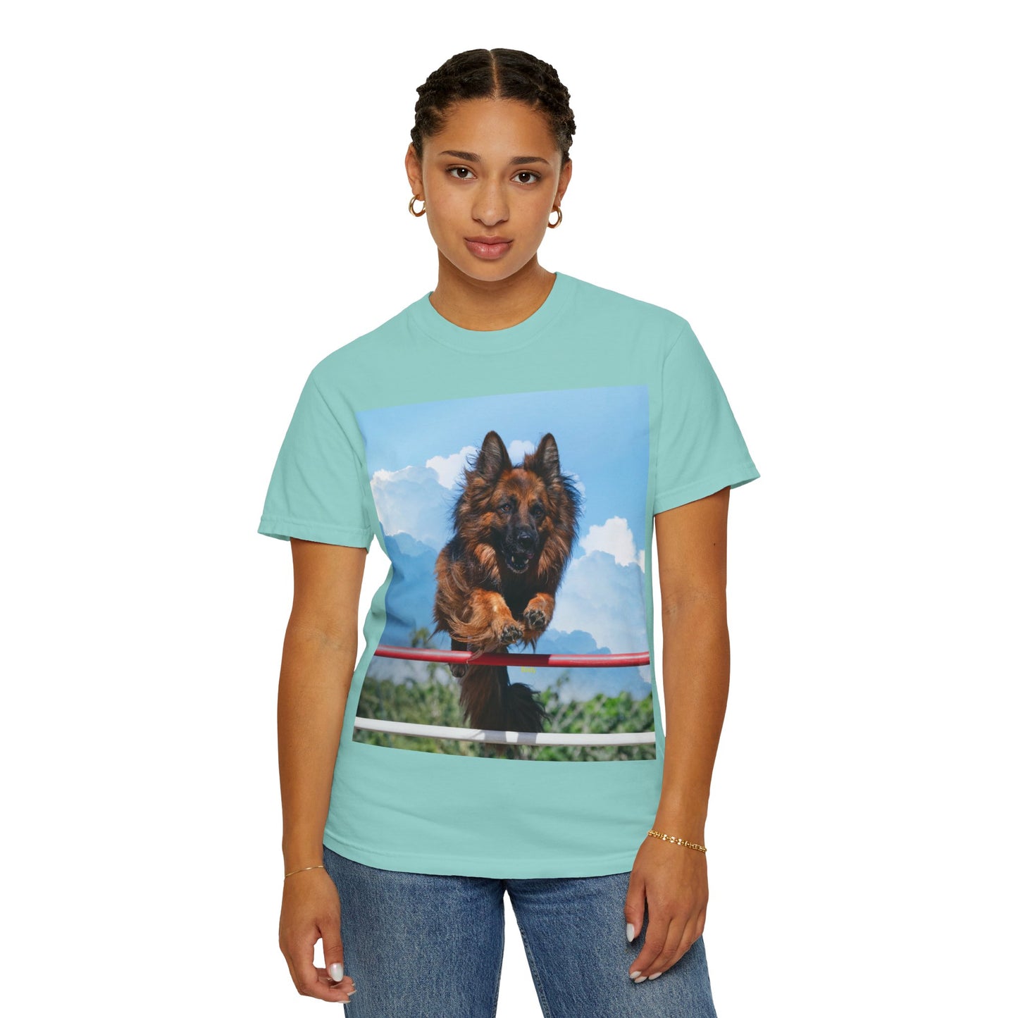 Unisex Dog Lovers T-Shirt Featuring a German Shepherd Jumping An Agility Fence