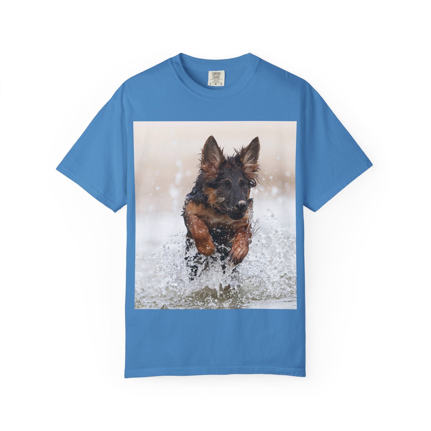 Unisex Dog Lover T-Shirt Featuring a German Shepherd Puppy Jumping In The Water