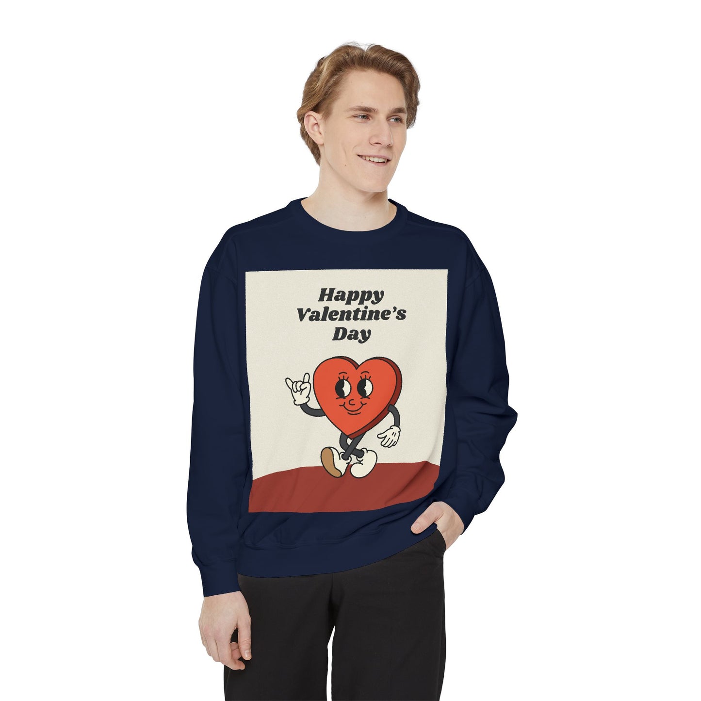 Unisex Valentine's Day Sweatshirt With a Heart Character and Caption Happy Valentine's Day