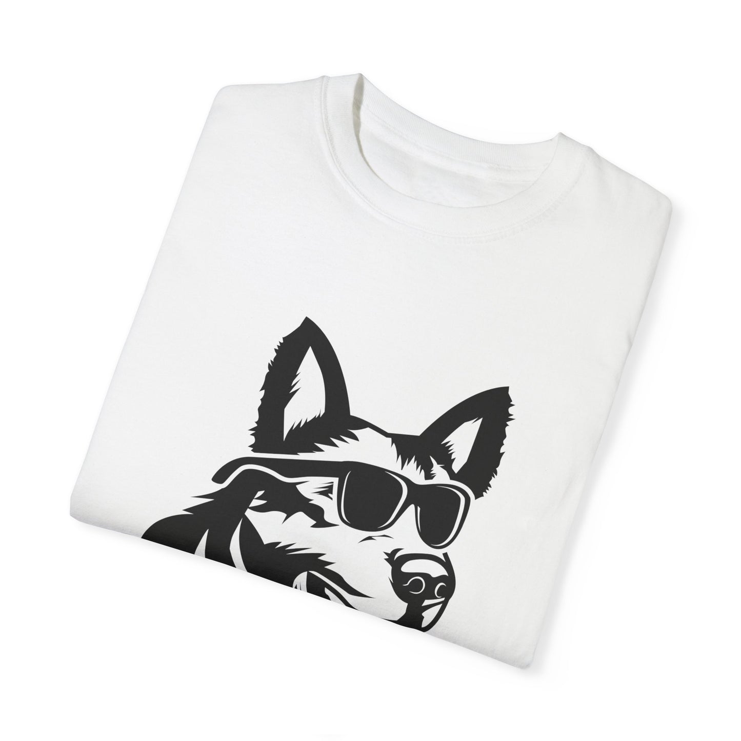 Unisex Dog Lover T-Shirt With a Graphic of Close Up Faced German Shepherd Wearing Black Glasses