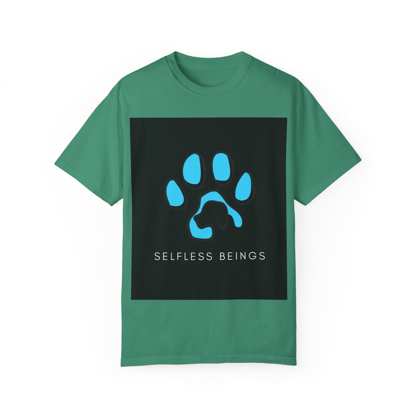 Unisex Dog Lover T-Shirt With Graphic of Blue Colored Dog Paw's Print Whose Metacarpal Contains a Design of Black Dog and Caption Selfless Beings Below