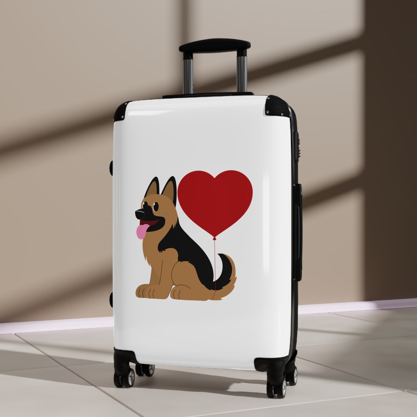 Dog Lover's Suitcase Featuring Graphic of a German Shepherd Puppy and Heart Shaped Balloon Attached to Tail