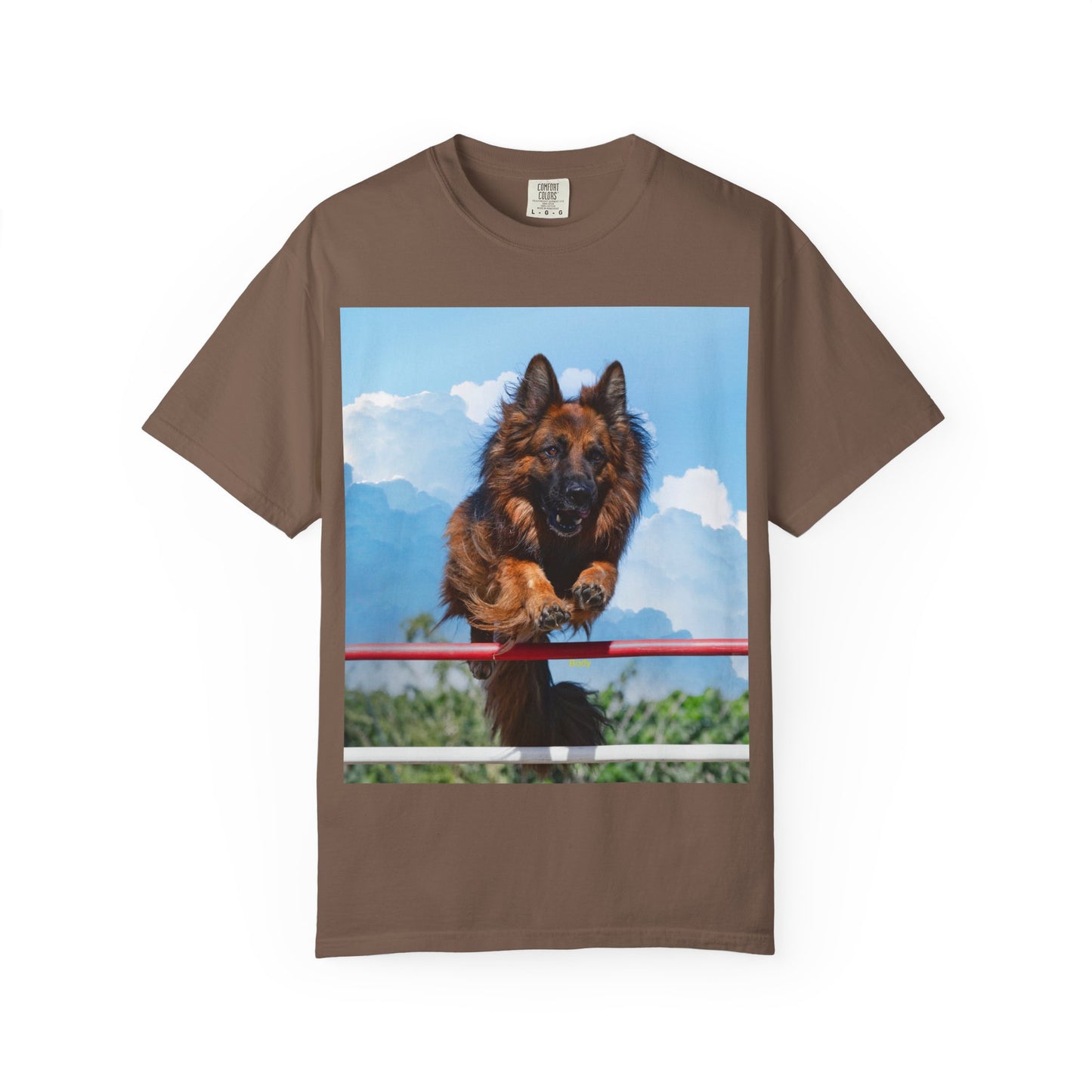 Unisex Dog Lovers T-Shirt Featuring a German Shepherd Jumping An Agility Fence