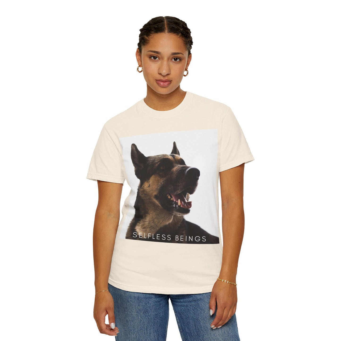 Unisex Dog Lover T-Shirt With Close Up of Large German Shepherd Turning His Face and Caption Selfless Beings