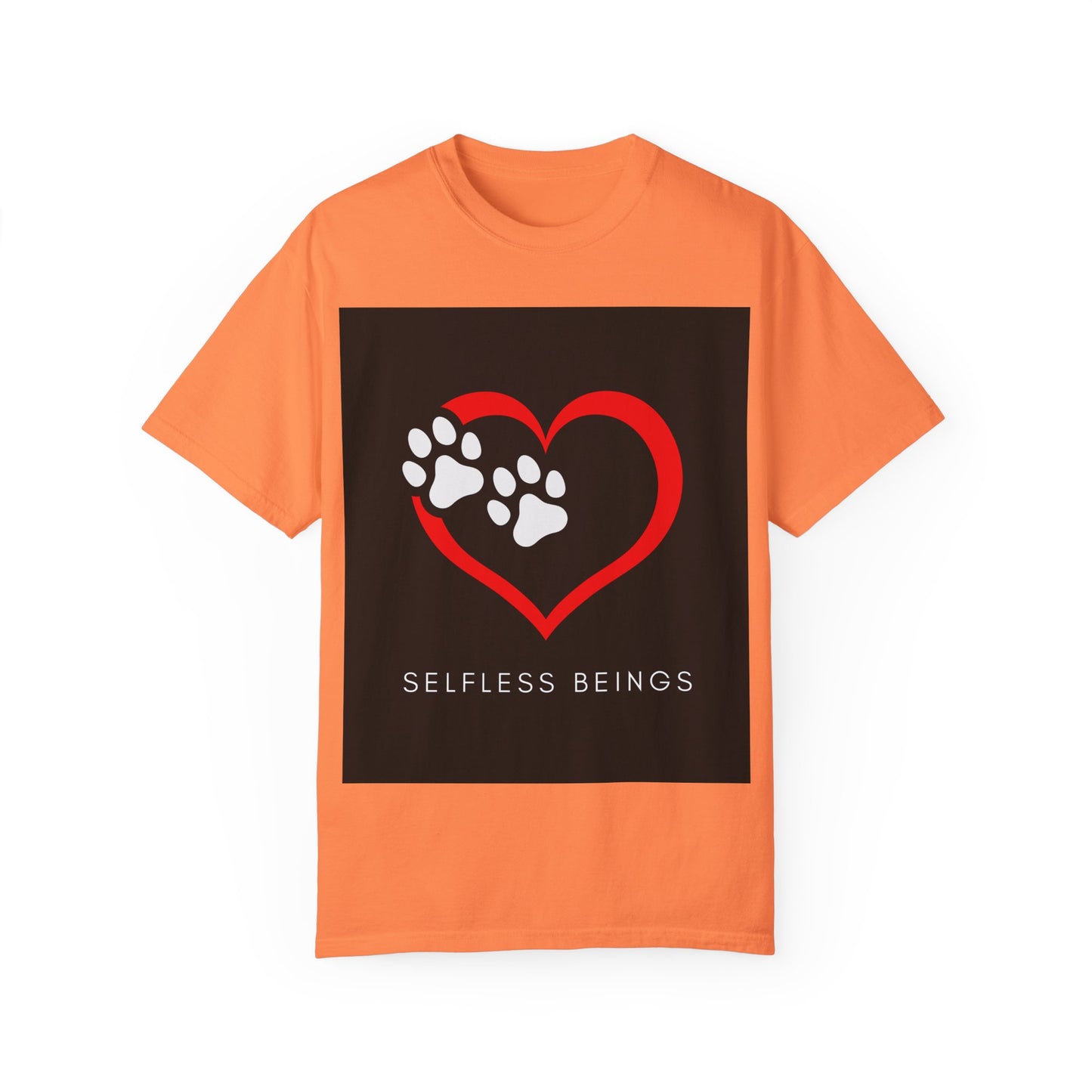 Unisex Dog Lover T-Shirt With Graphic of Red Heart That Contains Two White Dog Paw Prints and Caption Selfless Beings