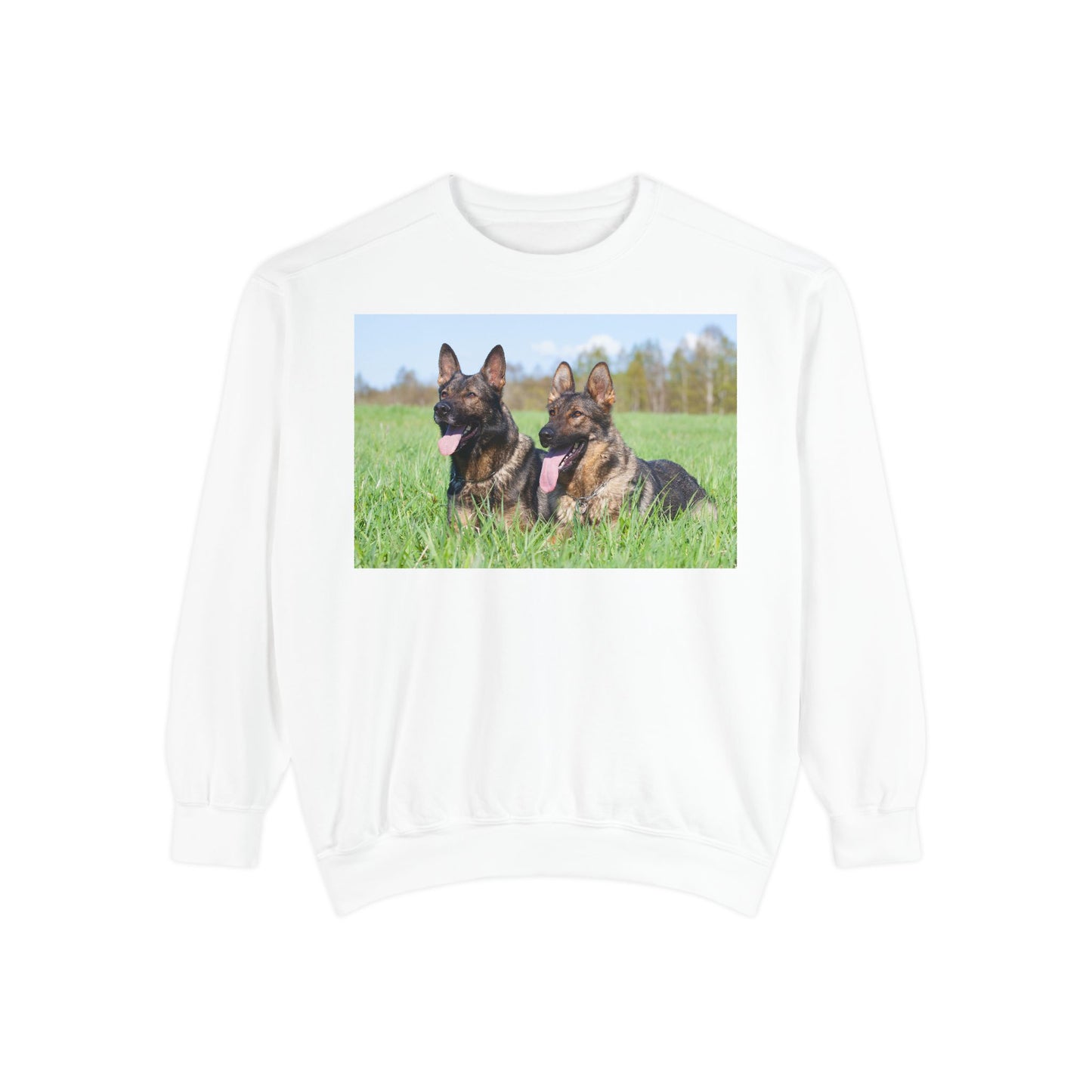 Unisex Dog Lover Sweatshirt With Two Giant German Shepherds Lying on the Grass With Tongues Out
