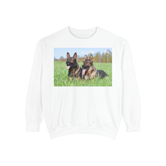 Unisex Dog Lover Sweatshirt With Two Giant German Shepherds Lying on the Grass With Tongues Out
