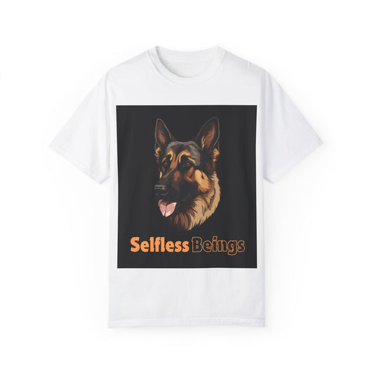 Unisex Dog Lover T-Shirt With Close Up Graphic of German Shepherd and Caption Selfless Beings is Written with Text Effect in Light Orange
