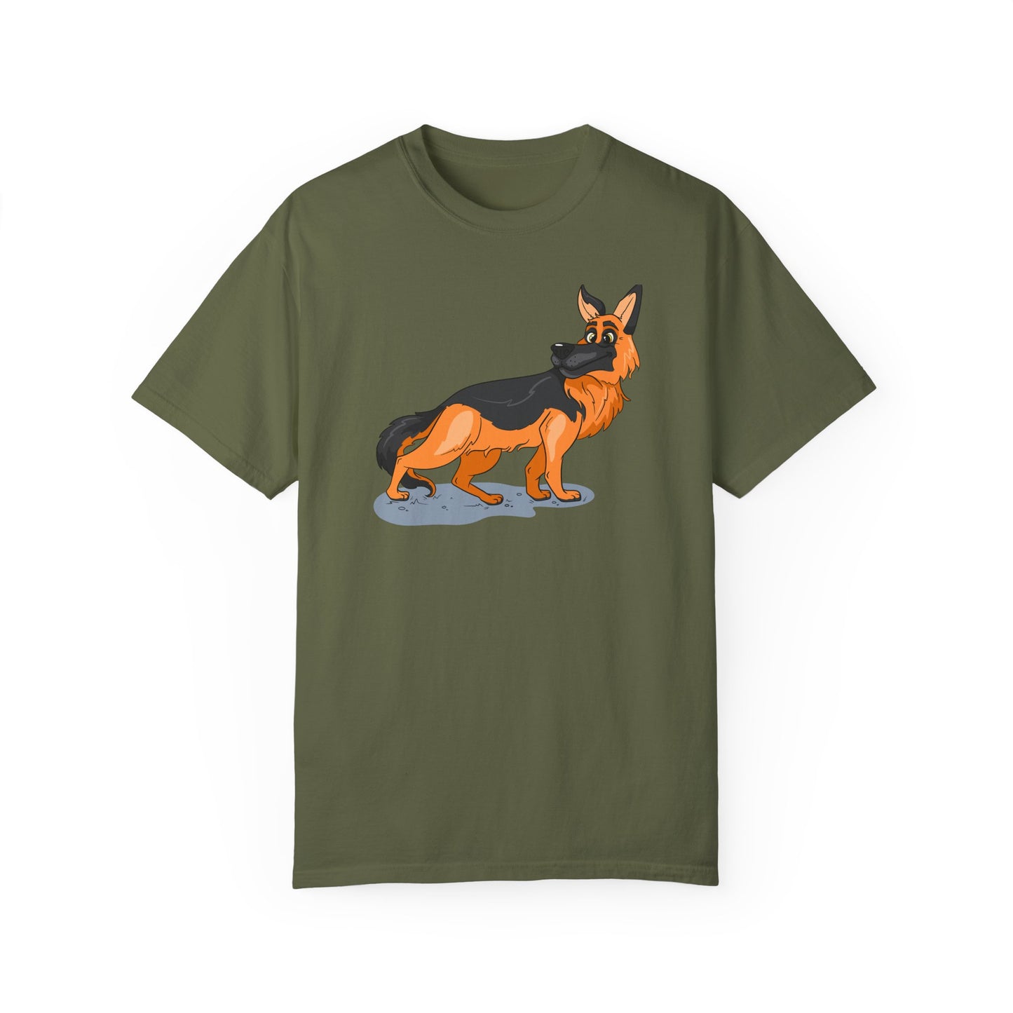 Unisex Dog Lover T-Shirt With a Cartoon of Astonished German Shepherd Turning His Head